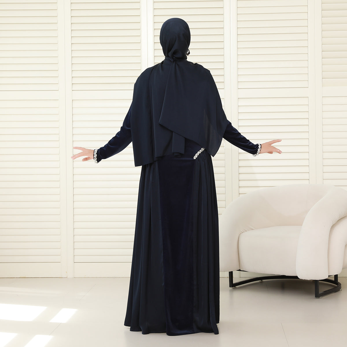 Navy Collar Velvet Satin Abaya Set with Hijab – Fall Modest Fashion (NCS016)