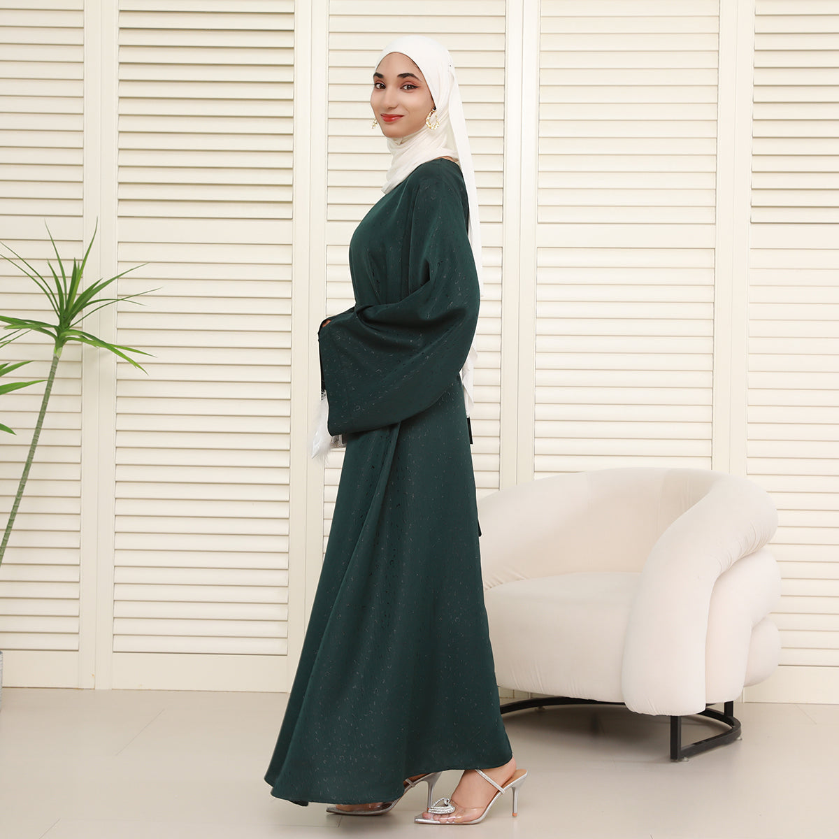 Elegant 3D Jacquard Brocade Belted Maxi Dress Abaya– Luxury Satin Gown for Formal Occasions(NCA019)