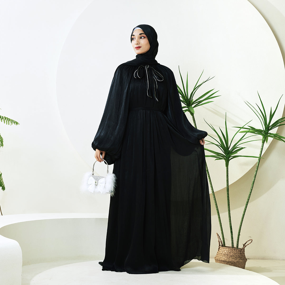 Haffafa Armani Satin Abaya Set – Modest Dress with Matching Belt & Hijab(NCS002)