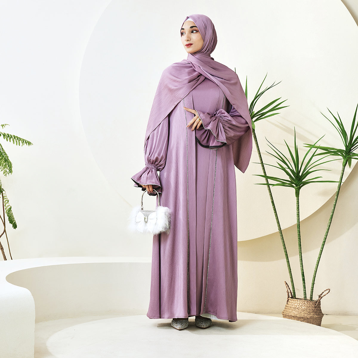 3-Piece Ruffle Sleeve Haiya Abaya Set with Sparkling Rhinestone (NCS006)