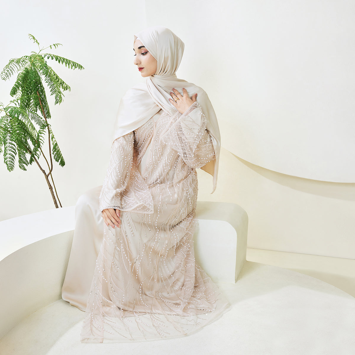 3-Piece Bridal Abaya Set with Pearl‑Embellished Organza Overlay PREORDER(NCS010)