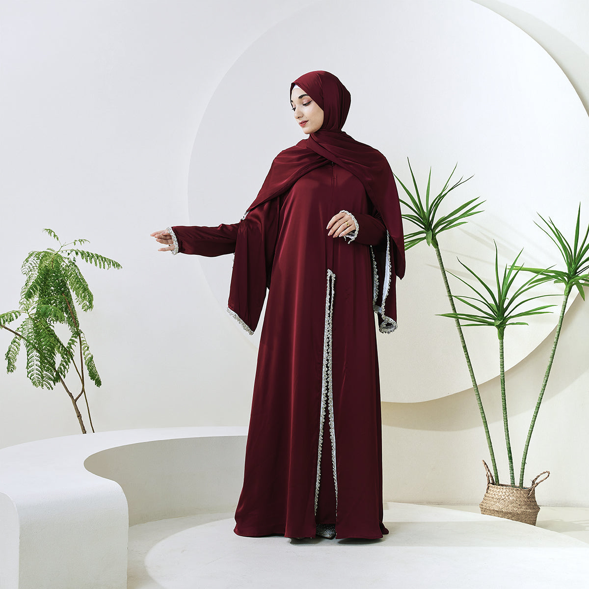 Rhinestone-Trim Inner Dress & Zippered Cape Abaya Set – Pre-Order (NCS011)