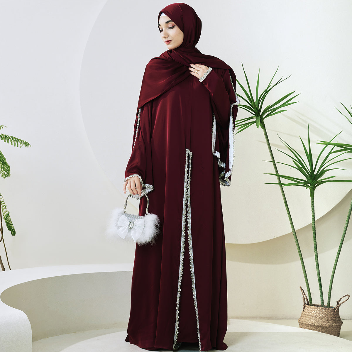 Rhinestone-Trim Inner Dress & Zippered Cape Abaya Set – Pre-Order (NCS011)
