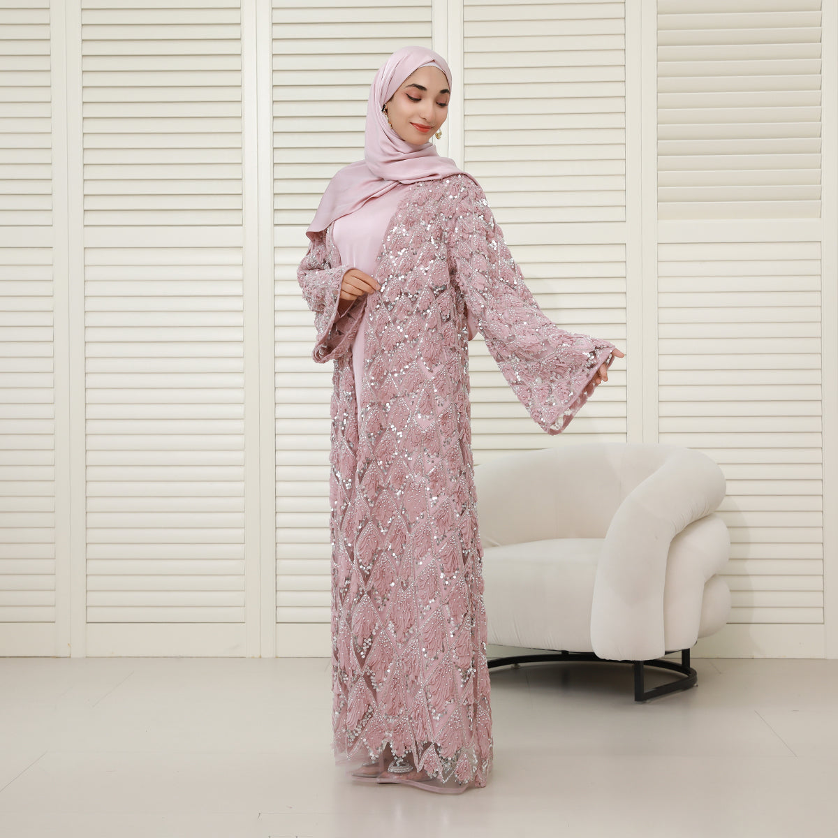 Luxury Bridal-Inspired 4-Piece Abaya Set with Pearl & Crystal Floral Embroidery (NCS017)