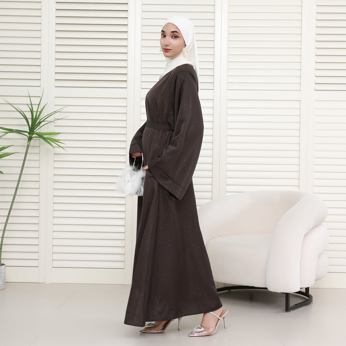Elegant 3D Jacquard Brocade Belted Maxi Dress Abaya– Luxury Satin Gown for Formal Occasions(NCA019)