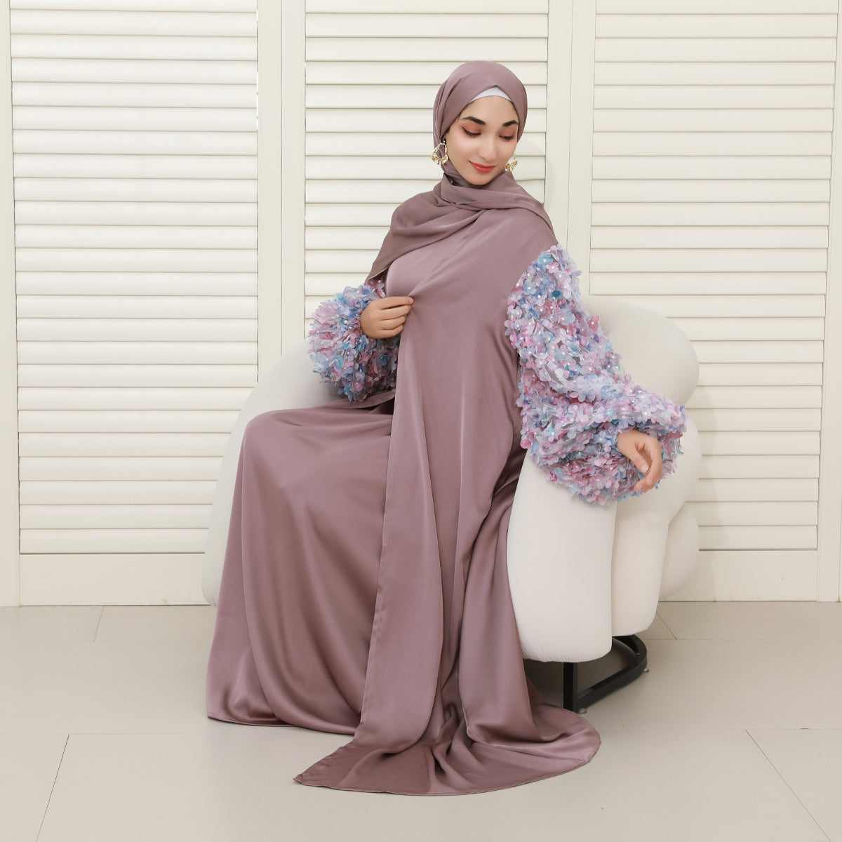 Pastel 3D Floral Sleeve 4-Piece Abaya Set – Elegant Occasionwear Modest Dress (NCS014)