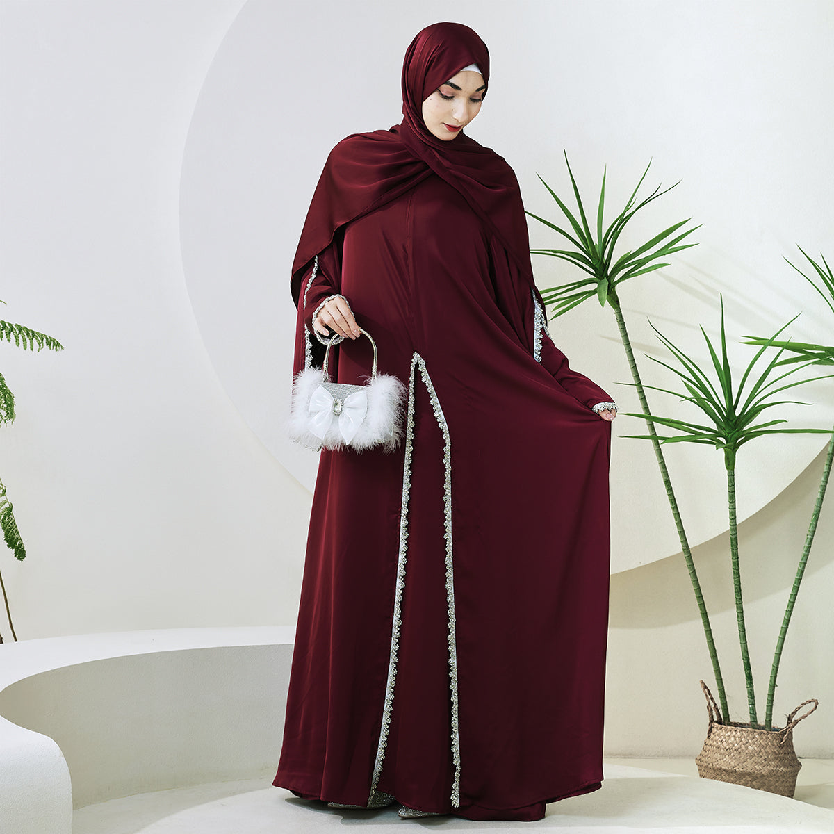 Rhinestone-Trim Inner Dress & Zippered Cape Abaya Set – Pre-Order (NCS011)