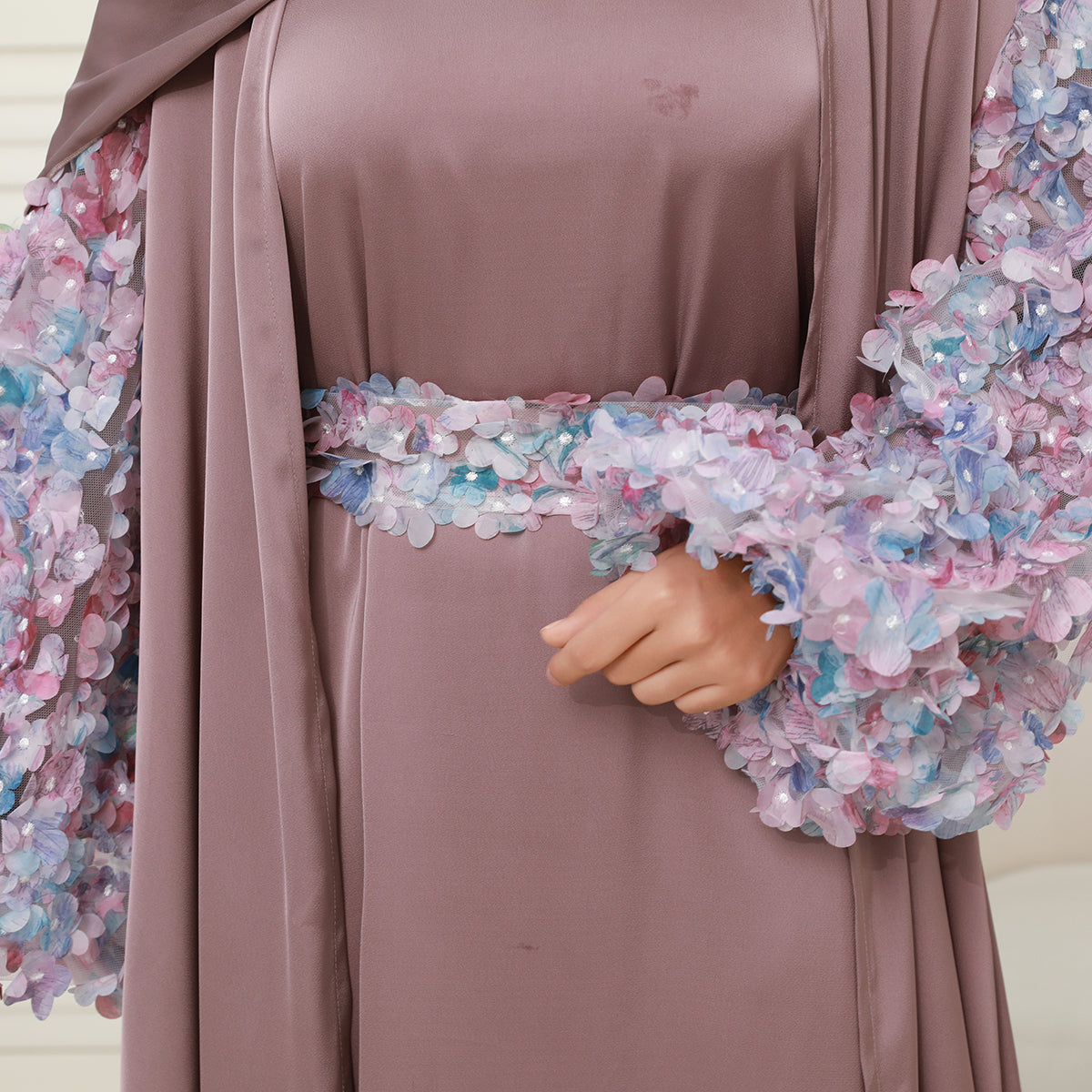 Pastel 3D Floral Sleeve 4-Piece Abaya Set – Elegant Occasionwear Modest Dress (NCS014)