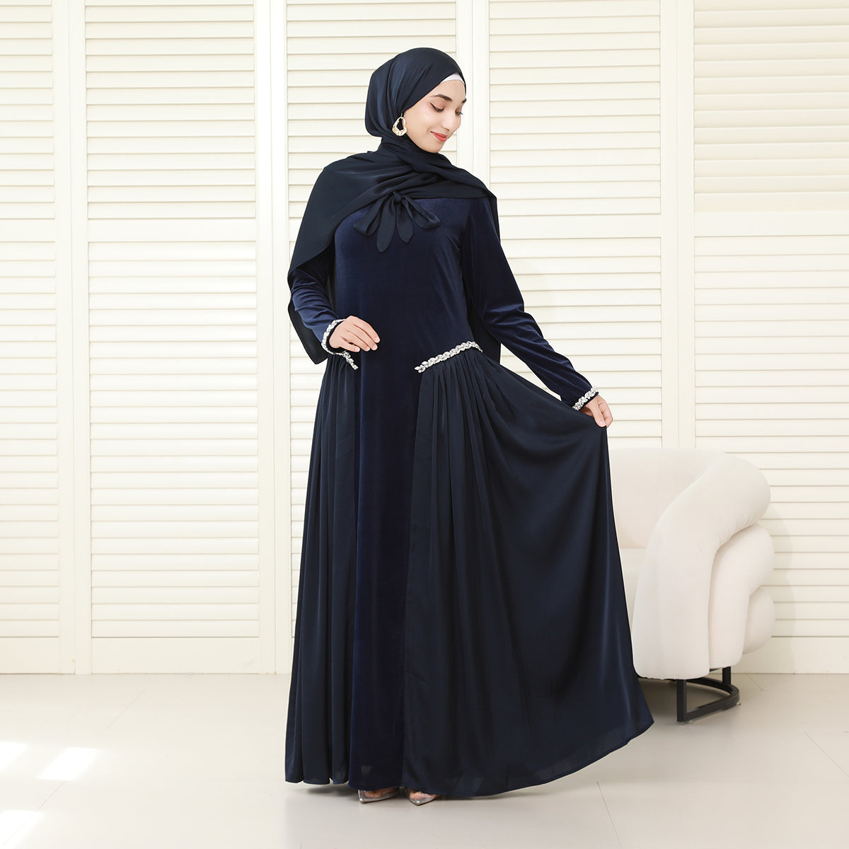Navy Collar Velvet Satin Abaya Set with Hijab – Fall Modest Fashion (NCS016)
