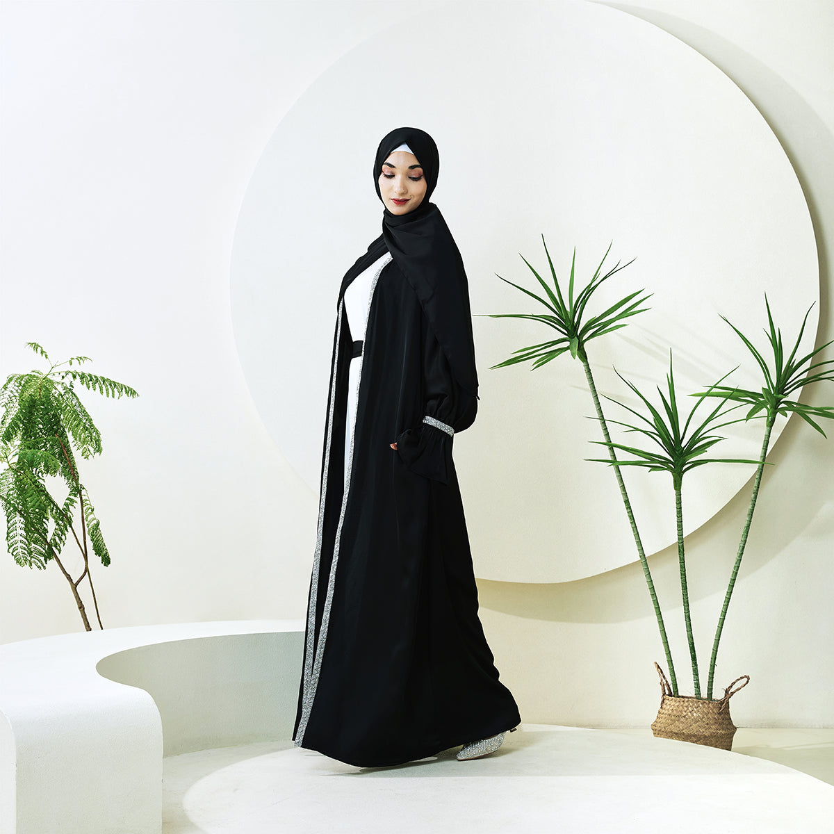 Poet Sleeve Satin Open Abaya With Matching Belt and Hijab(NCS007)