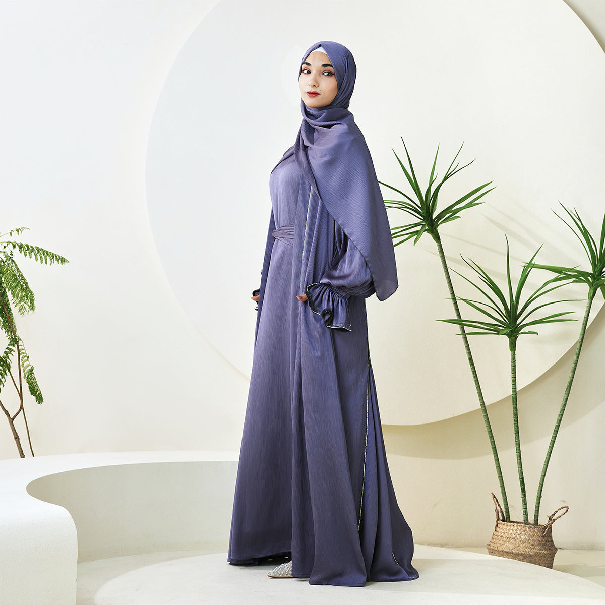 3-Piece Ruffle Sleeve Haiya Abaya Set with Sparkling Rhinestone (NCS006)