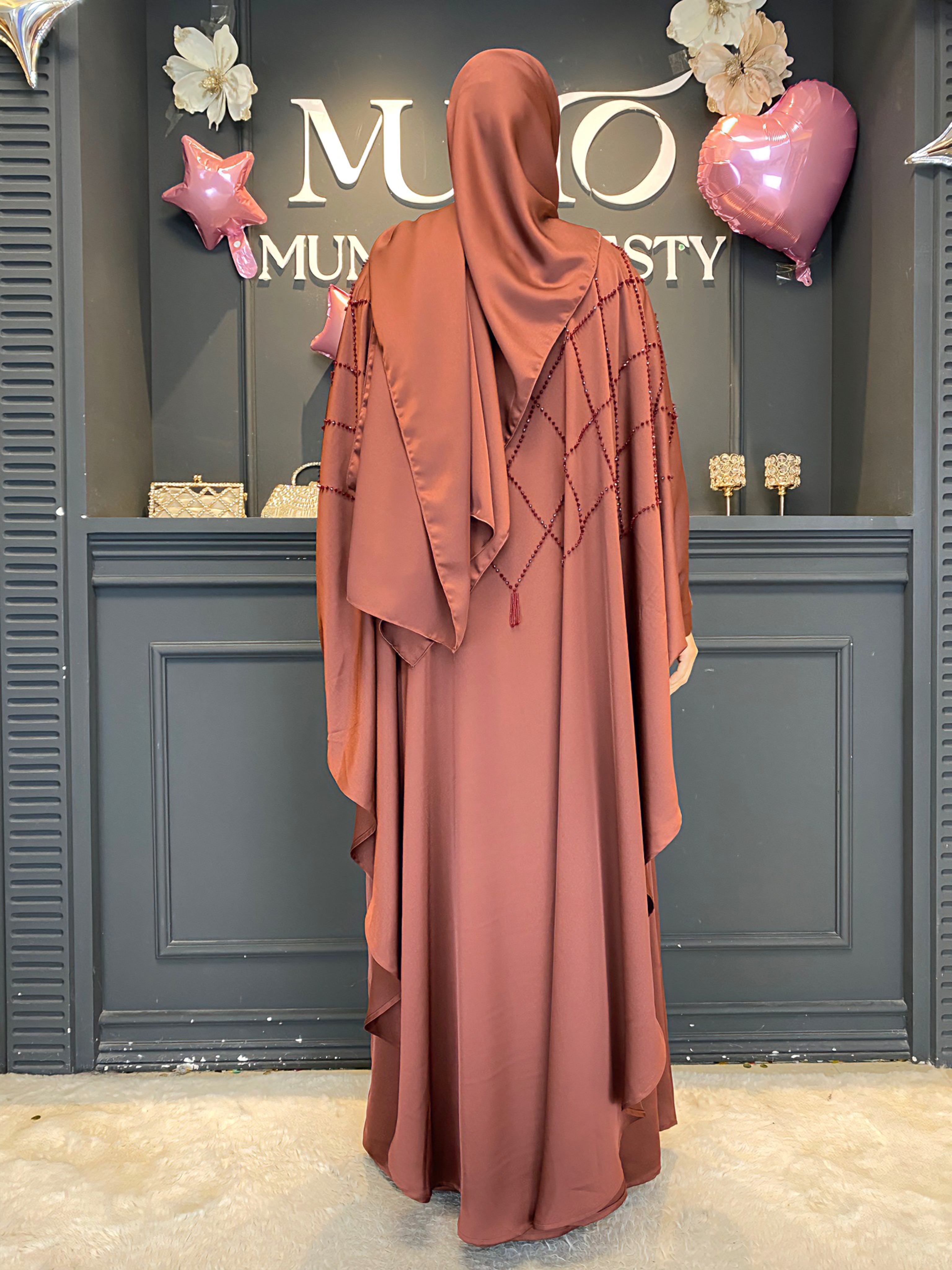 Ramadan 3-Piece Satin Abaya Set – Handmade Beaded Open Abaya with Inner Dress & Hijab (NCS021)