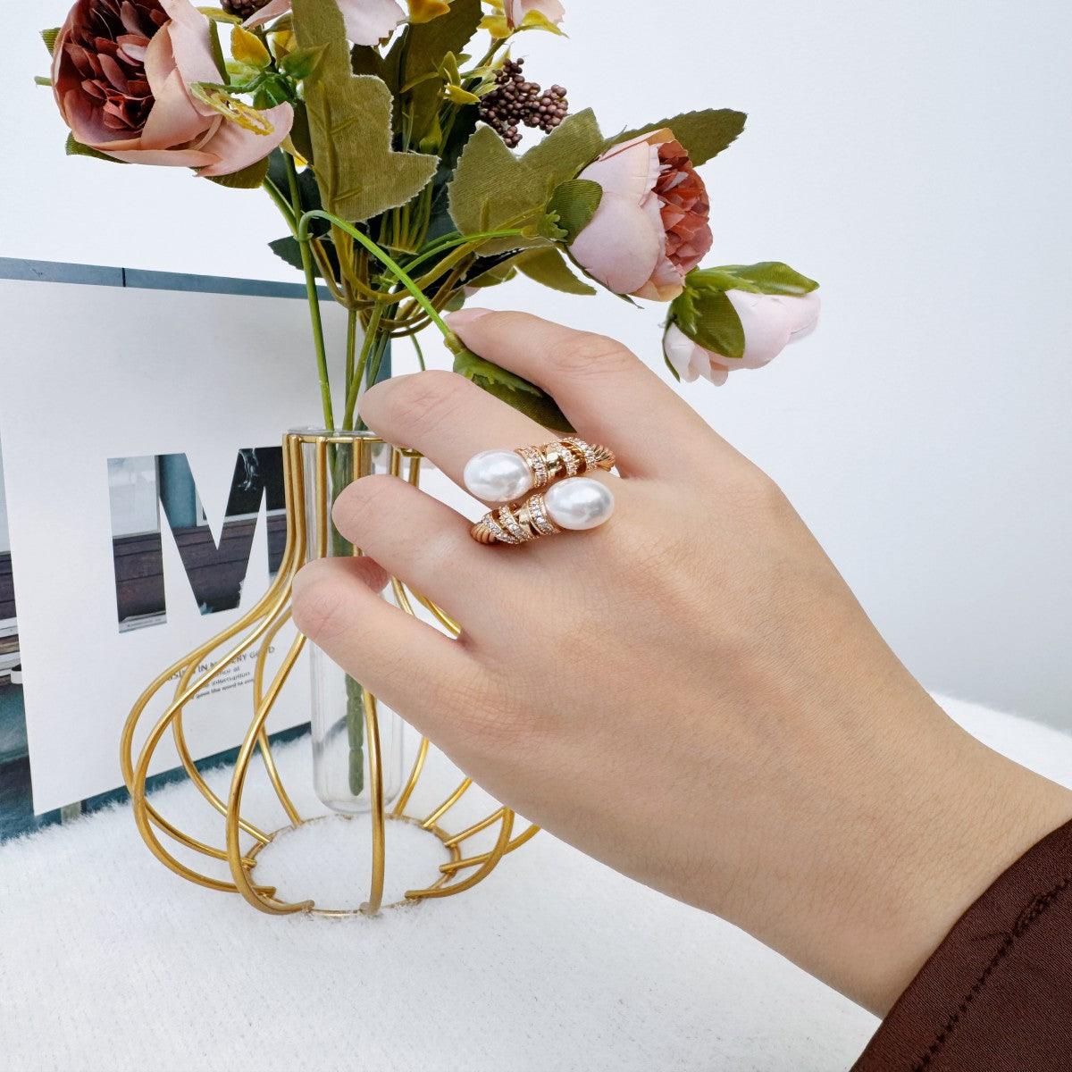 Gold Twisted Rope Ring with Crystal Accents – Adjustable Open Band Ring for Women(NCJ006)