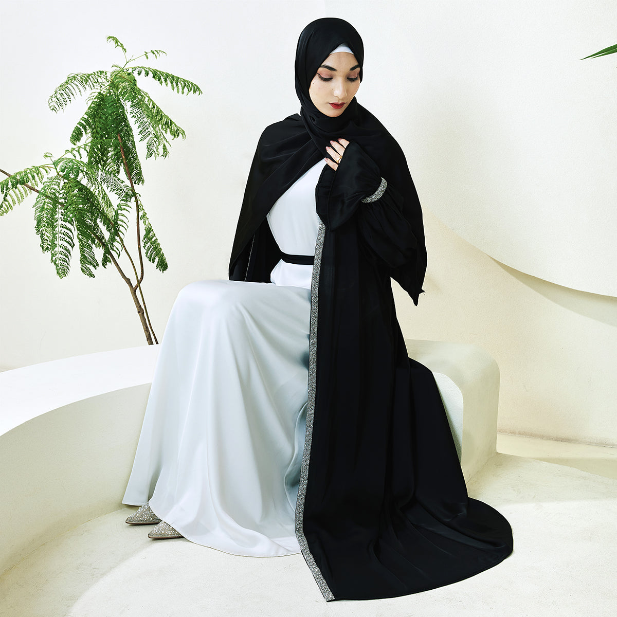Poet Sleeve Satin Open Abaya With Matching Belt and Hijab(NCS007)