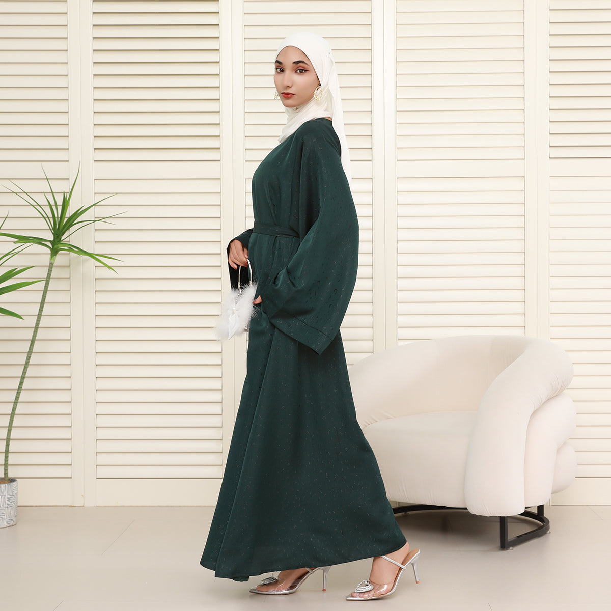 Elegant 3D Jacquard Brocade Belted Maxi Dress Abaya– Luxury Satin Gown for Formal Occasions(NCA019)