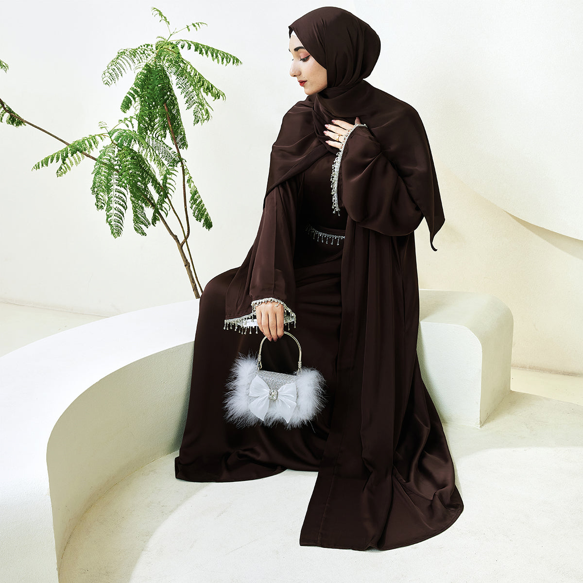 Satin Abaya With Diamond Tassels Belt, 4-Piece Set (NCS004)