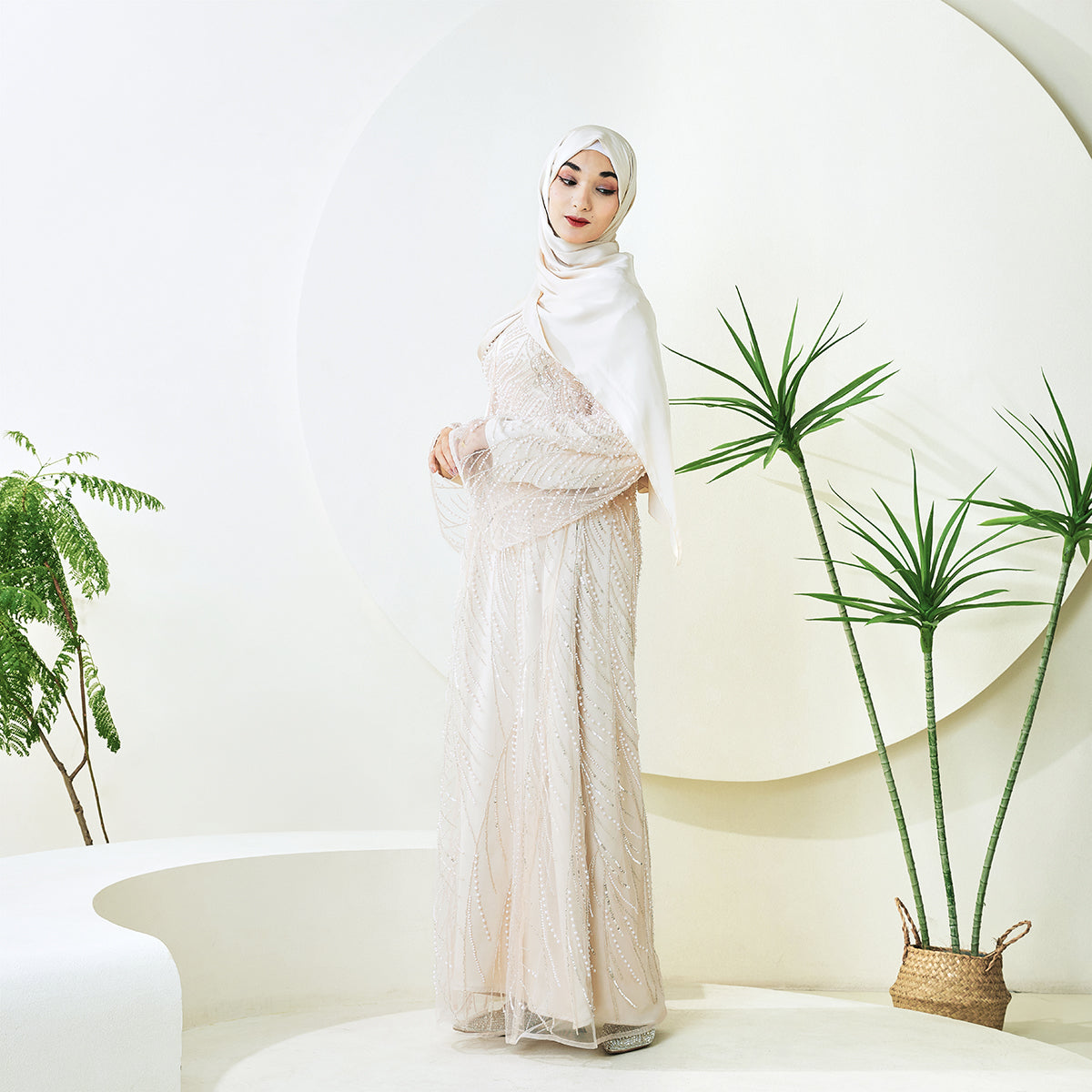 3-Piece Bridal Abaya Set with Pearl‑Embellished Organza Overlay PREORDER(NCS010)