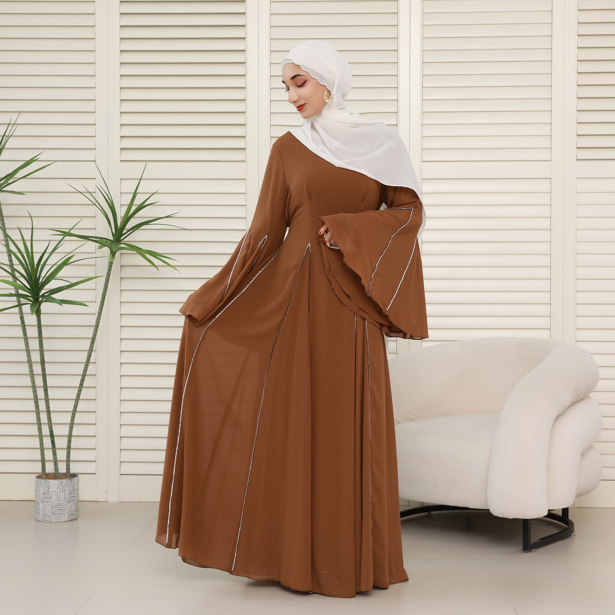 Elegant Bell Sleeve Maxi Abaya with Matching Hijab – Flowing Chiffon with Silver Trim(NCS019)
