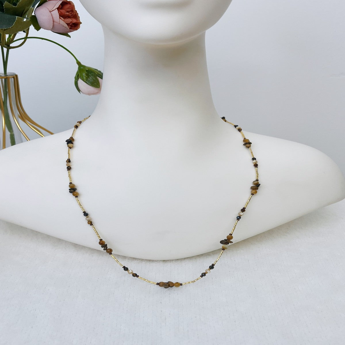 Boho Raw Stone Beaded Necklace with Vintage Sun Pendant – Handmade Natural Gemstone Jewelry for Women(NCJ001)