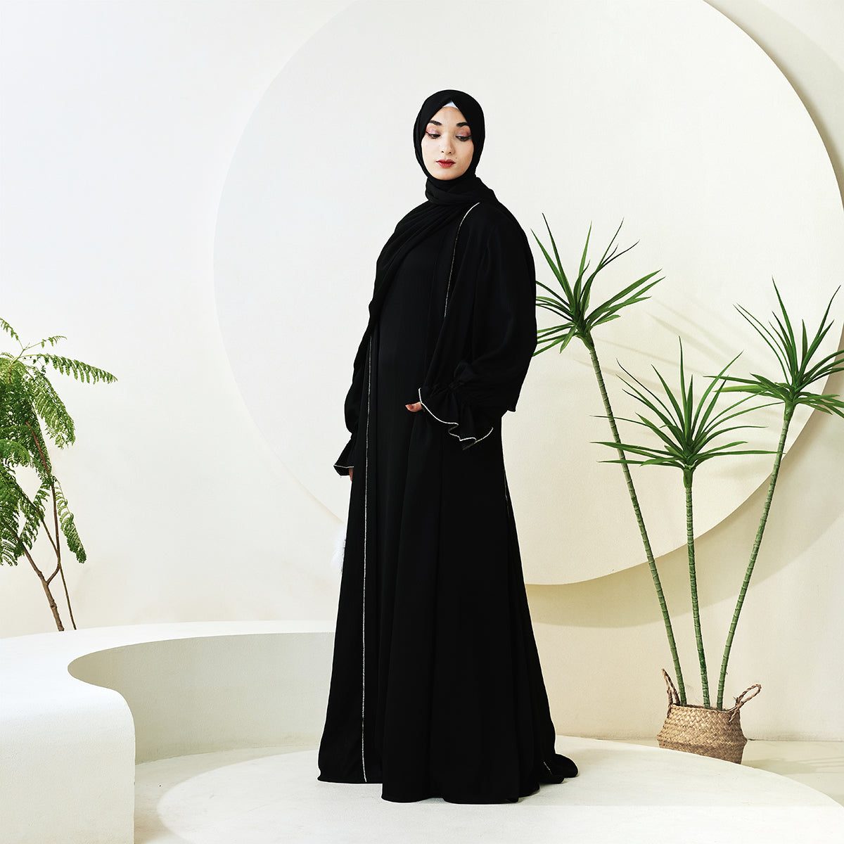 3-Piece Ruffle Sleeve Haiya Abaya Set with Sparkling Rhinestone (NCS006)