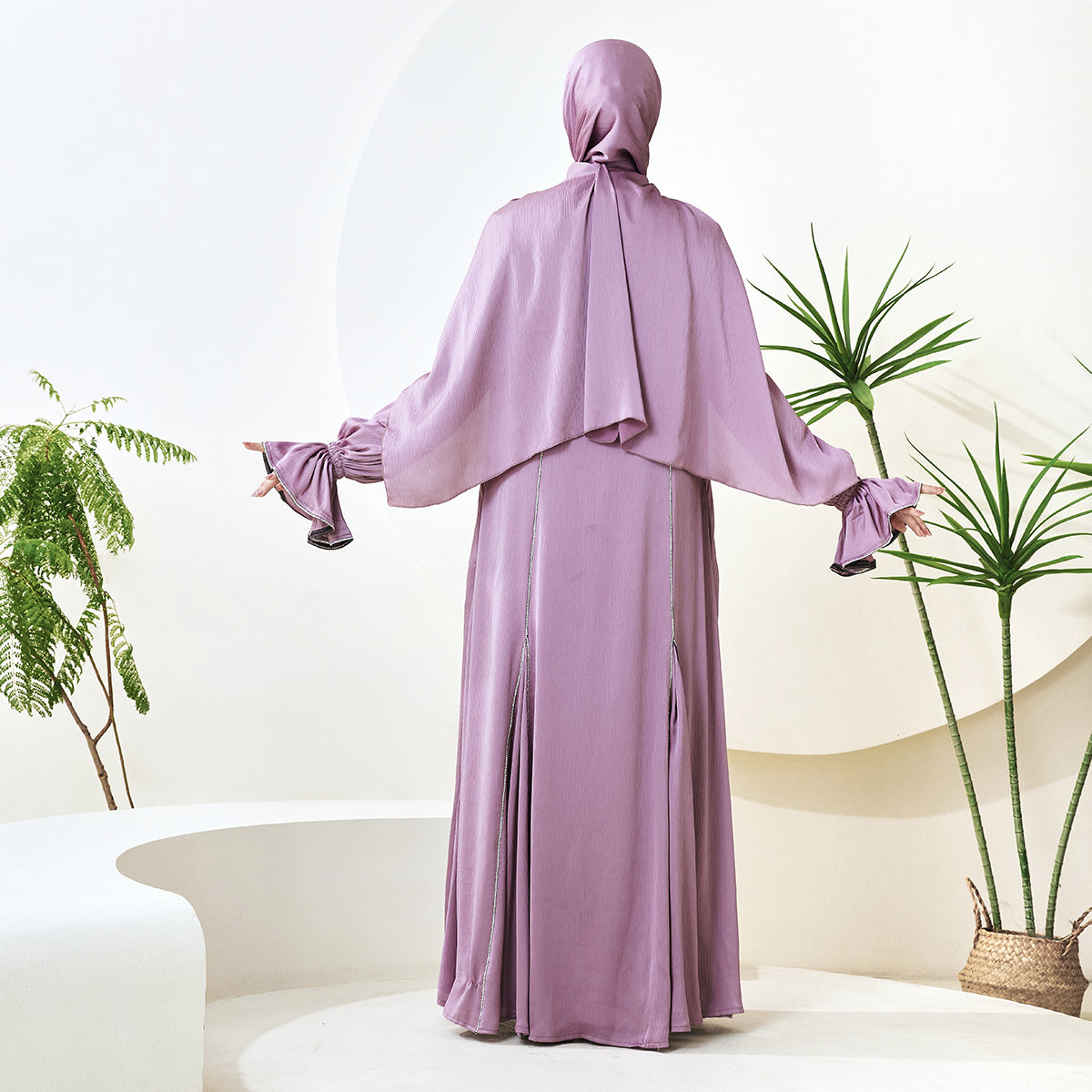 3-Piece Ruffle Sleeve Haiya Abaya Set with Sparkling Rhinestone (NCS006)