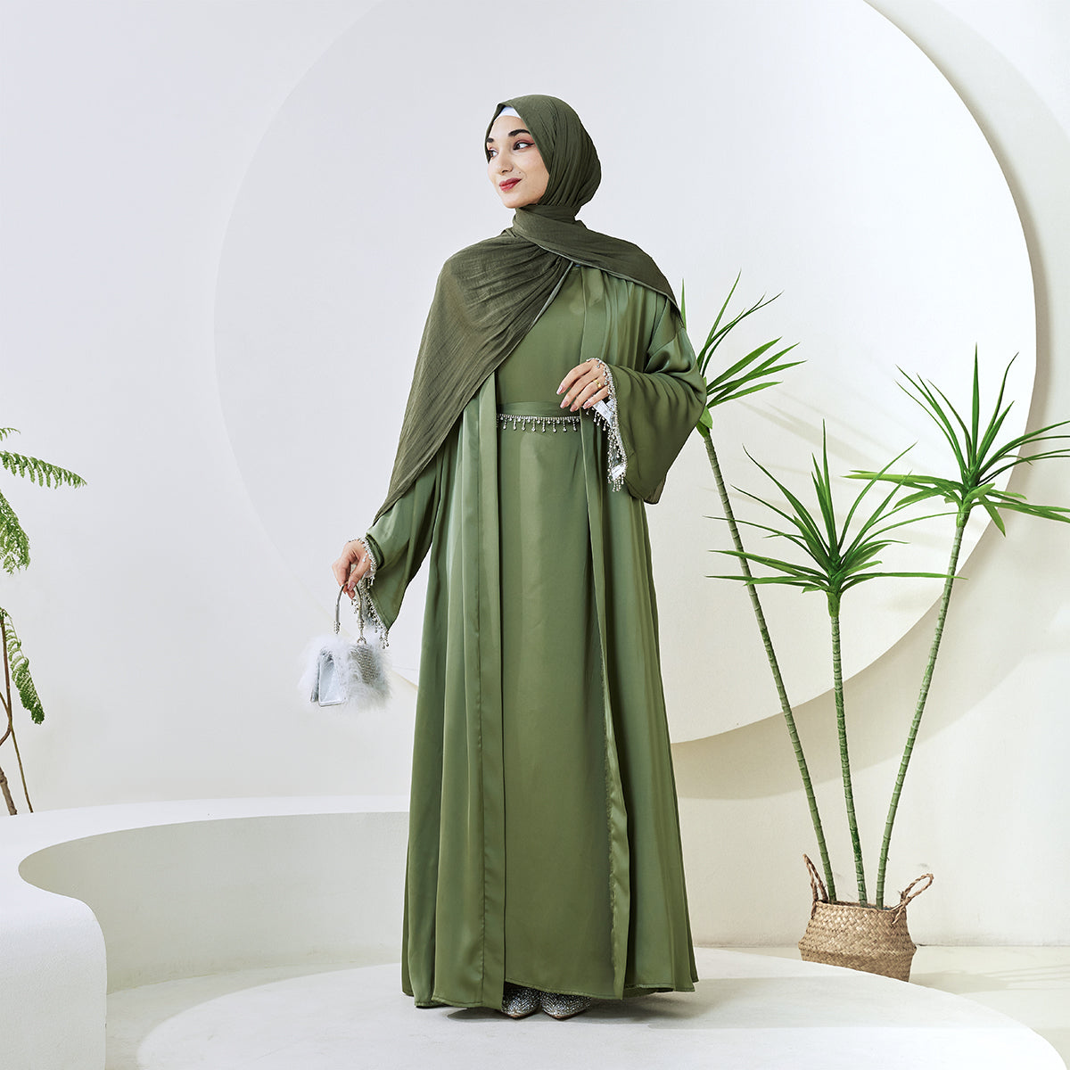 Satin Abaya With Diamond Tassels Belt, 4-Piece Set (NCS004)