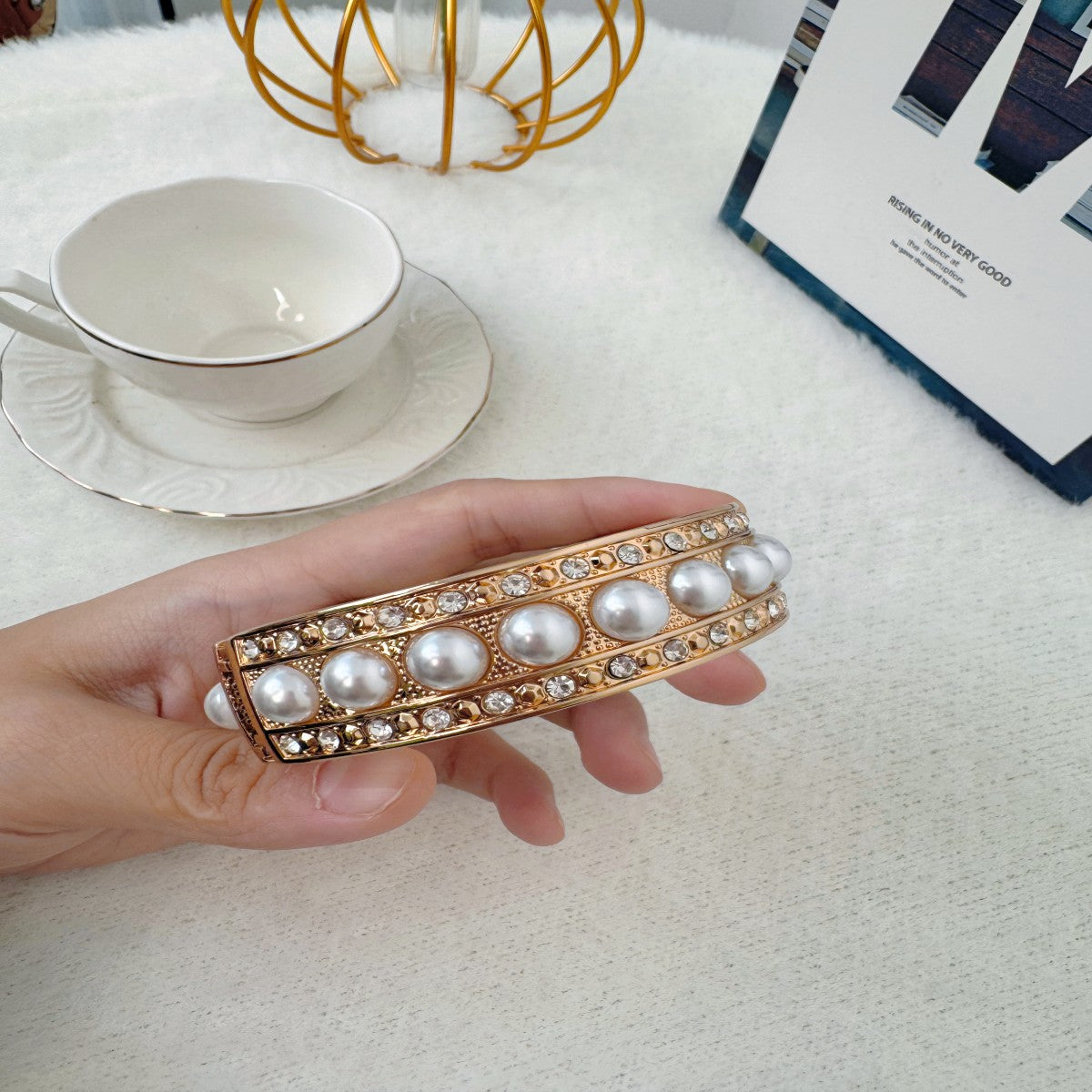 Gold-Plated Openable Wide Cuff Bracelet with Pearls – Elegant Statement Jewelry for Women(NCJ004)