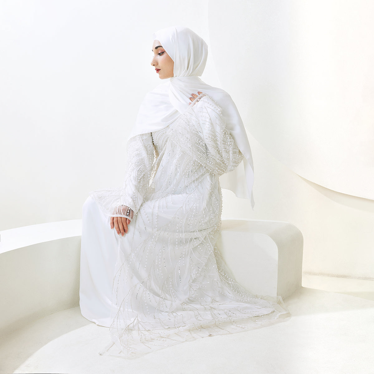 3-Piece Bridal Abaya Set with Pearl‑Embellished Organza Overlay PREORDER(NCS010)