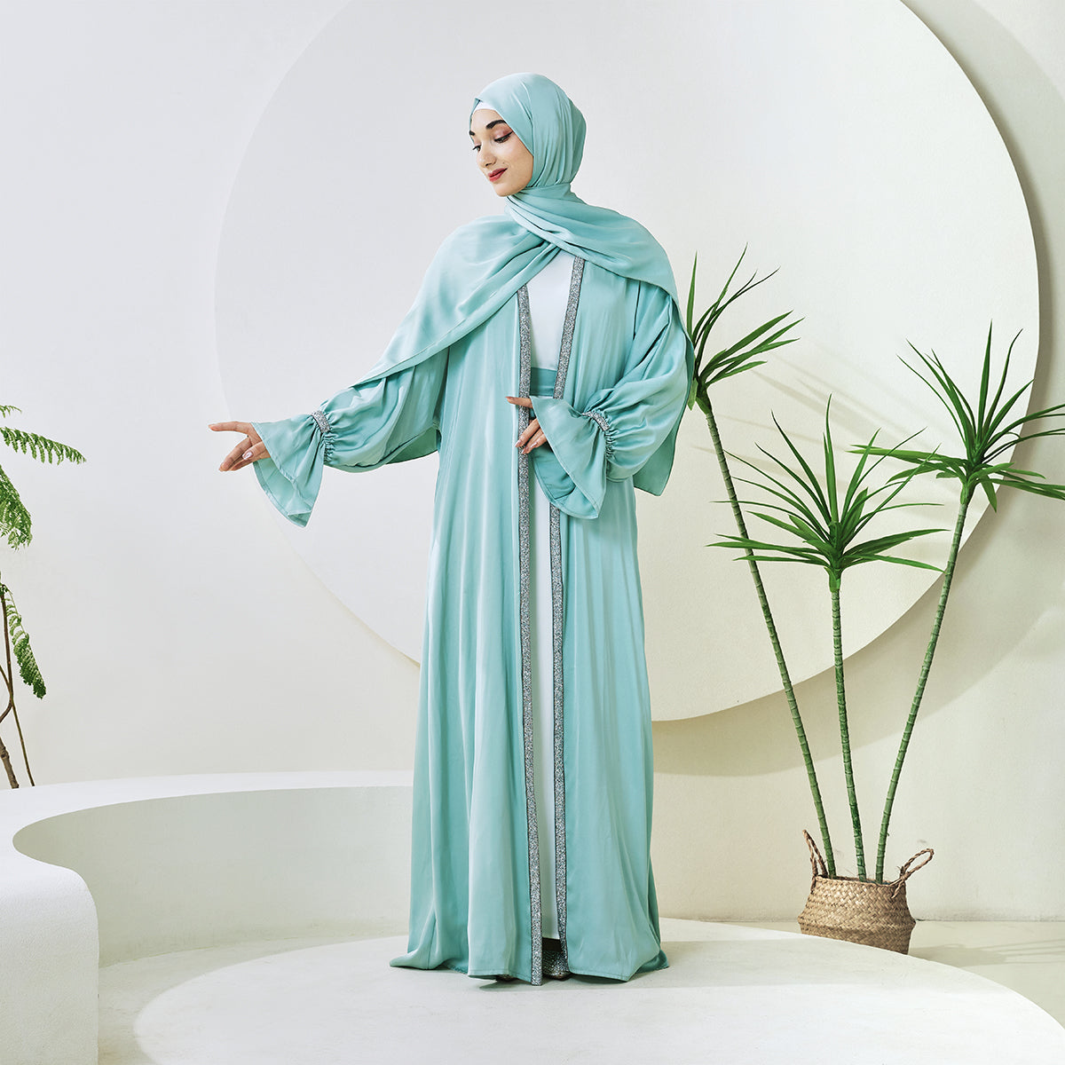 Poet Sleeve Satin Open Abaya With Matching Belt and Hijab(NCS007)