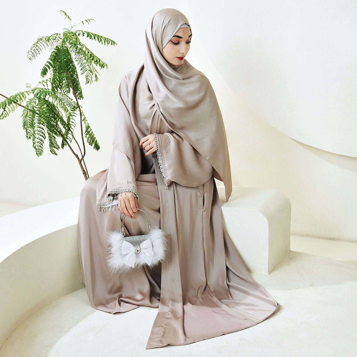 Satin Abaya With Diamond Tassels Belt, 4-Piece Set (NCS004)