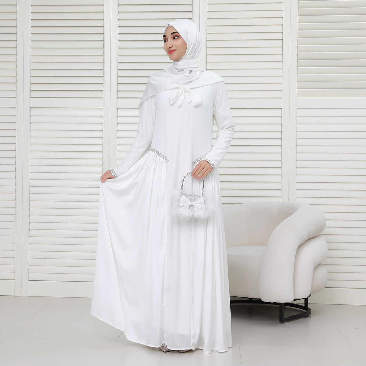Navy Collar Velvet Satin Abaya Set with Hijab – Fall Modest Fashion (NCS016)