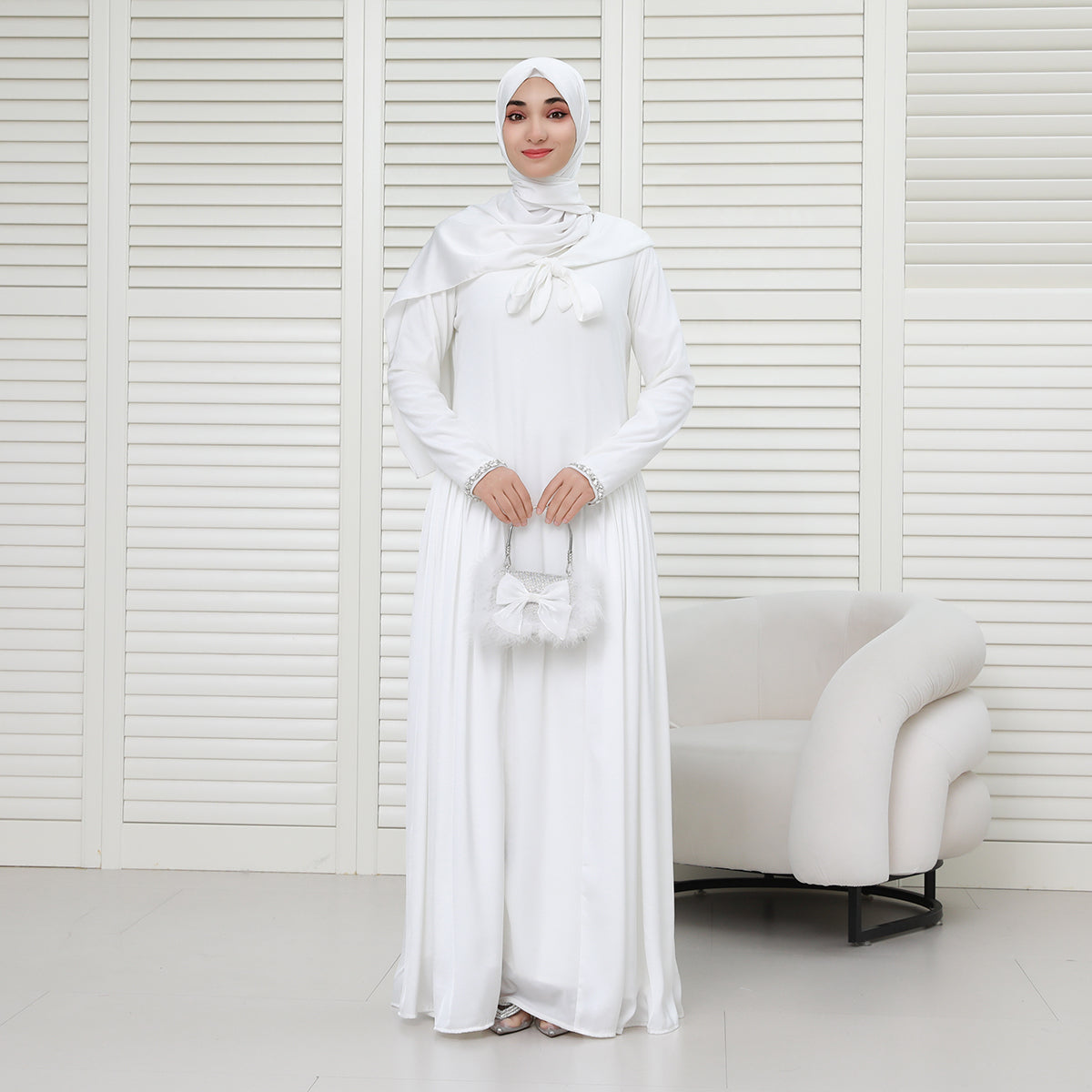 Navy Collar Velvet Satin Abaya Set with Hijab – Fall Modest Fashion (NCS016)