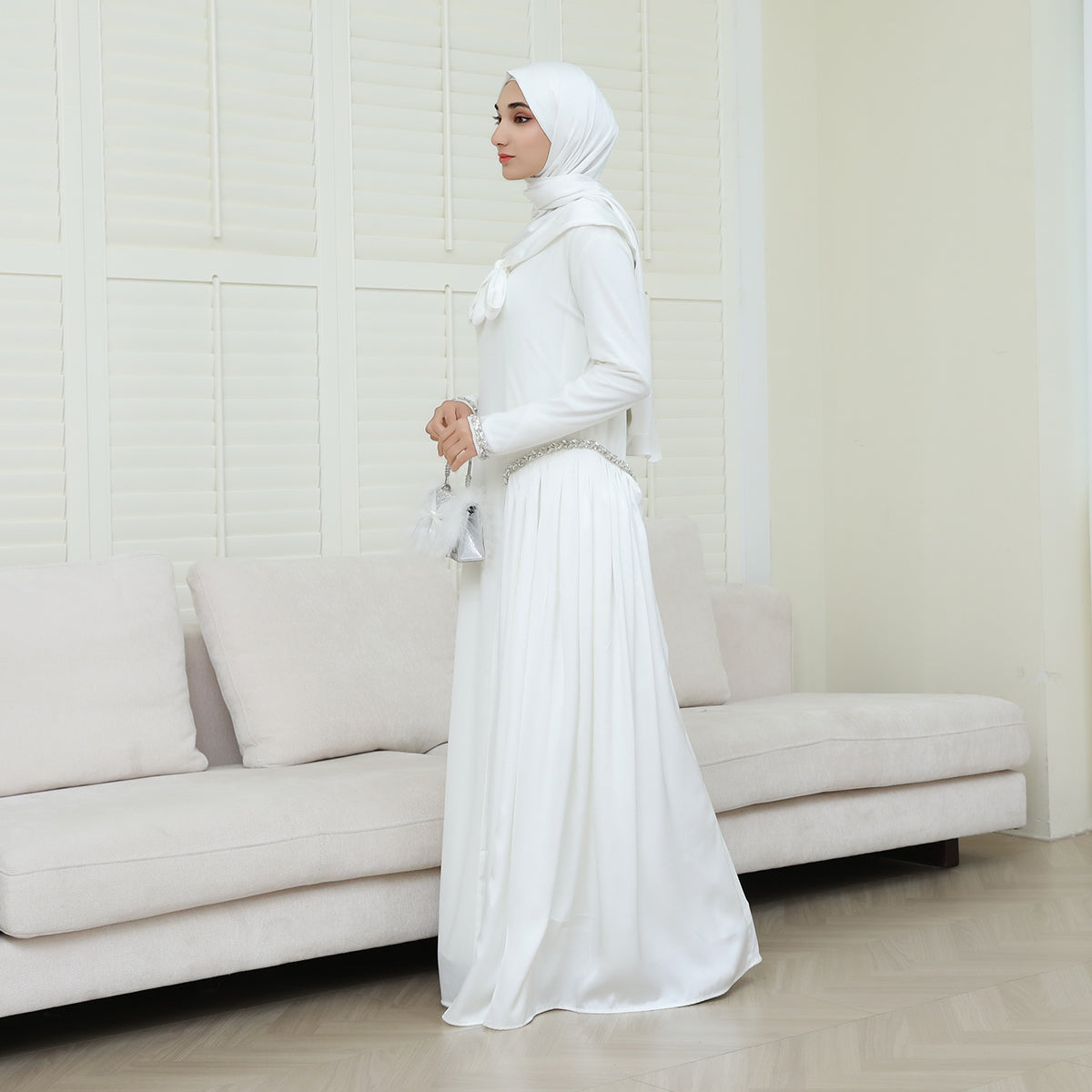 Navy Collar Velvet Satin Abaya Set with Hijab – Fall Modest Fashion (NCS016)