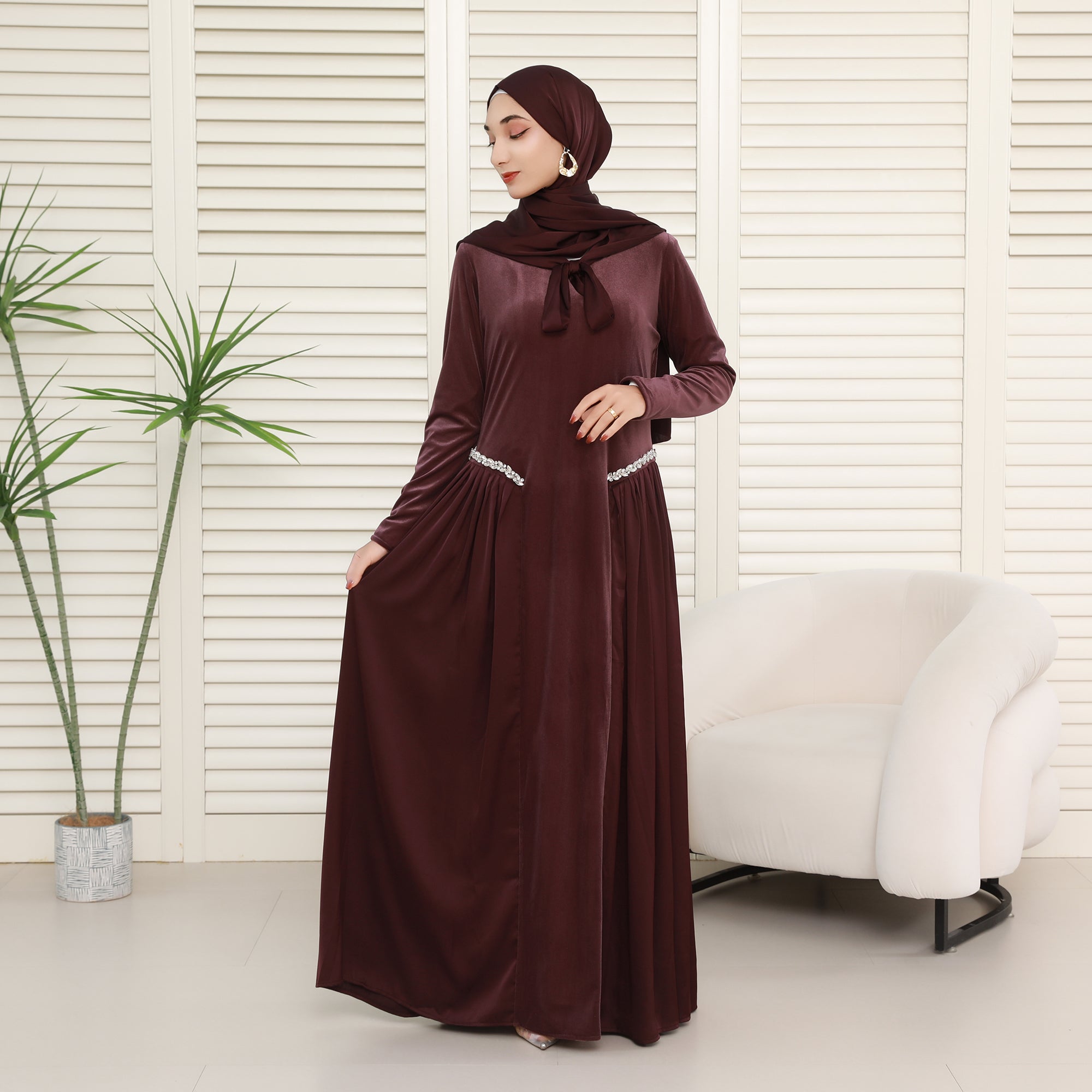 Navy Collar Velvet Satin Abaya Set with Hijab – Fall Modest Fashion (NCS016)