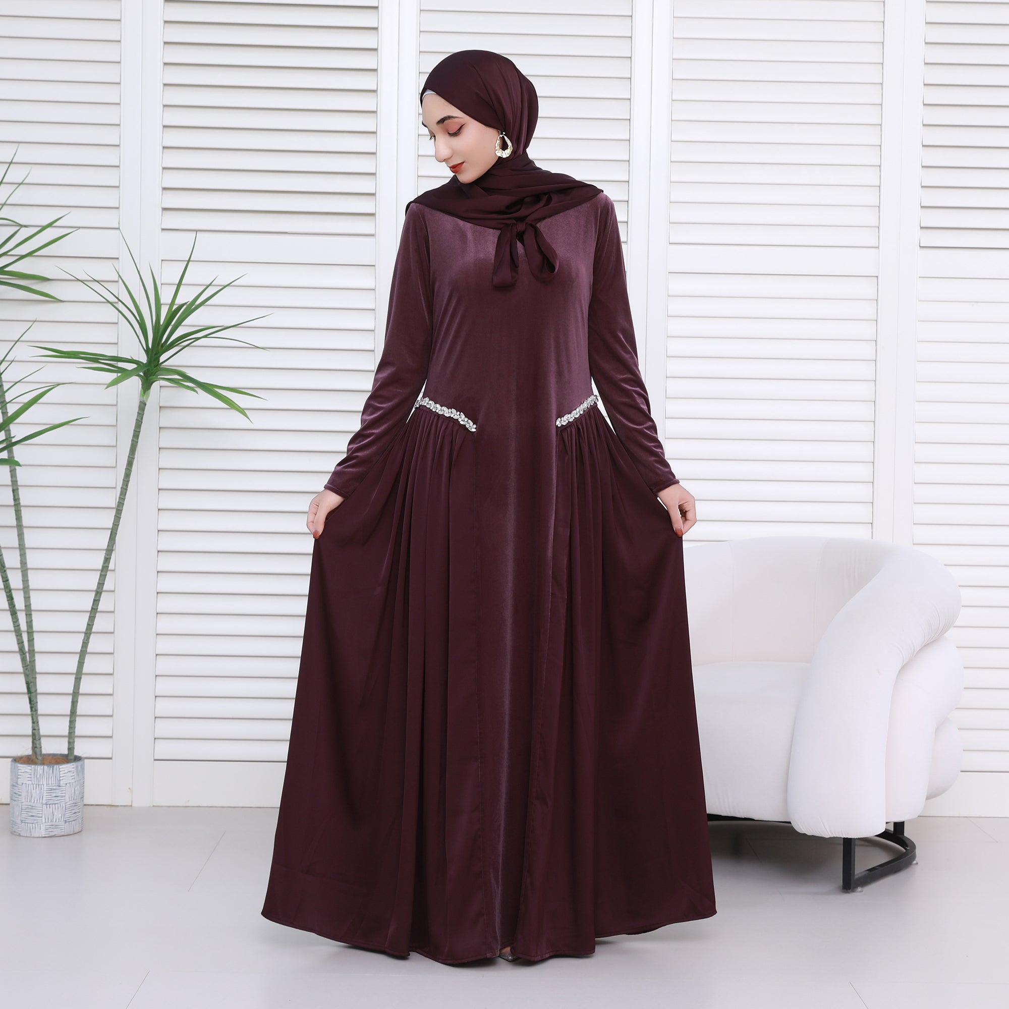 Navy Collar Velvet Satin Abaya Set with Hijab – Fall Modest Fashion (NCS016)