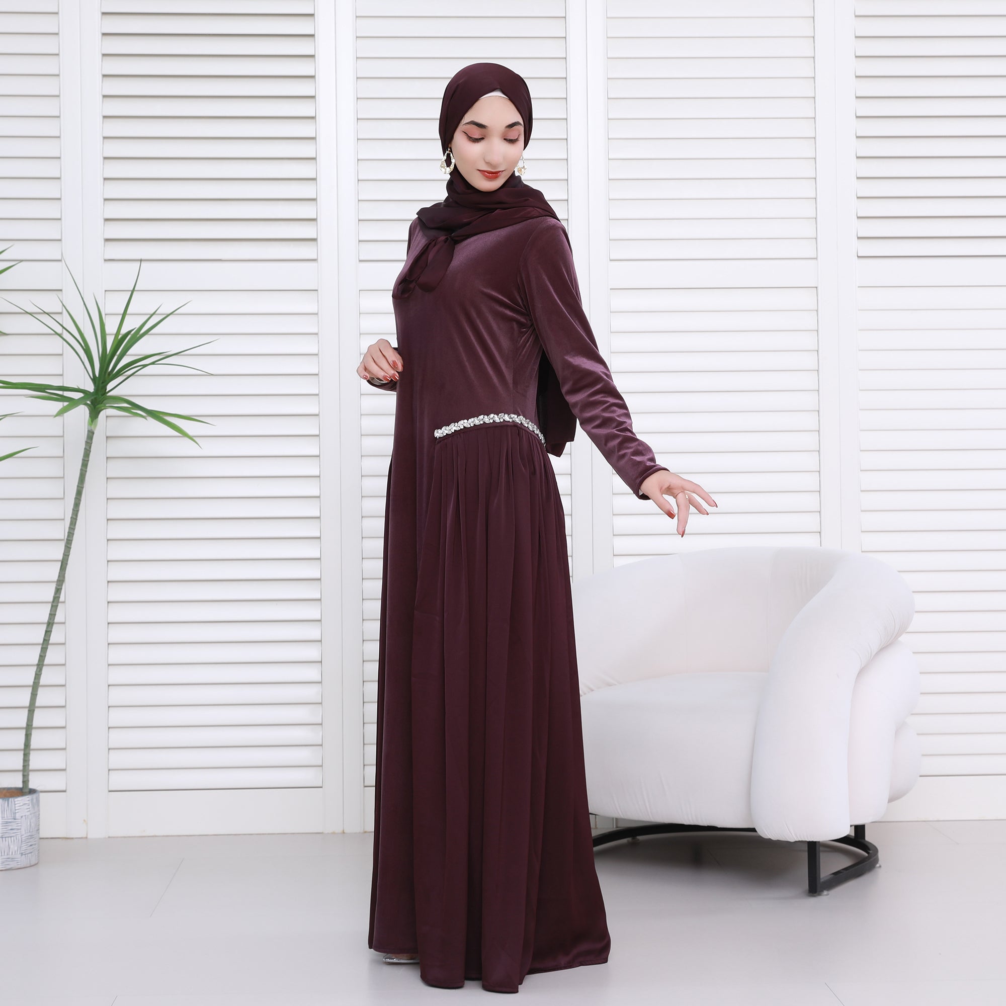 Navy Collar Velvet Satin Abaya Set with Hijab – Fall Modest Fashion (NCS016)