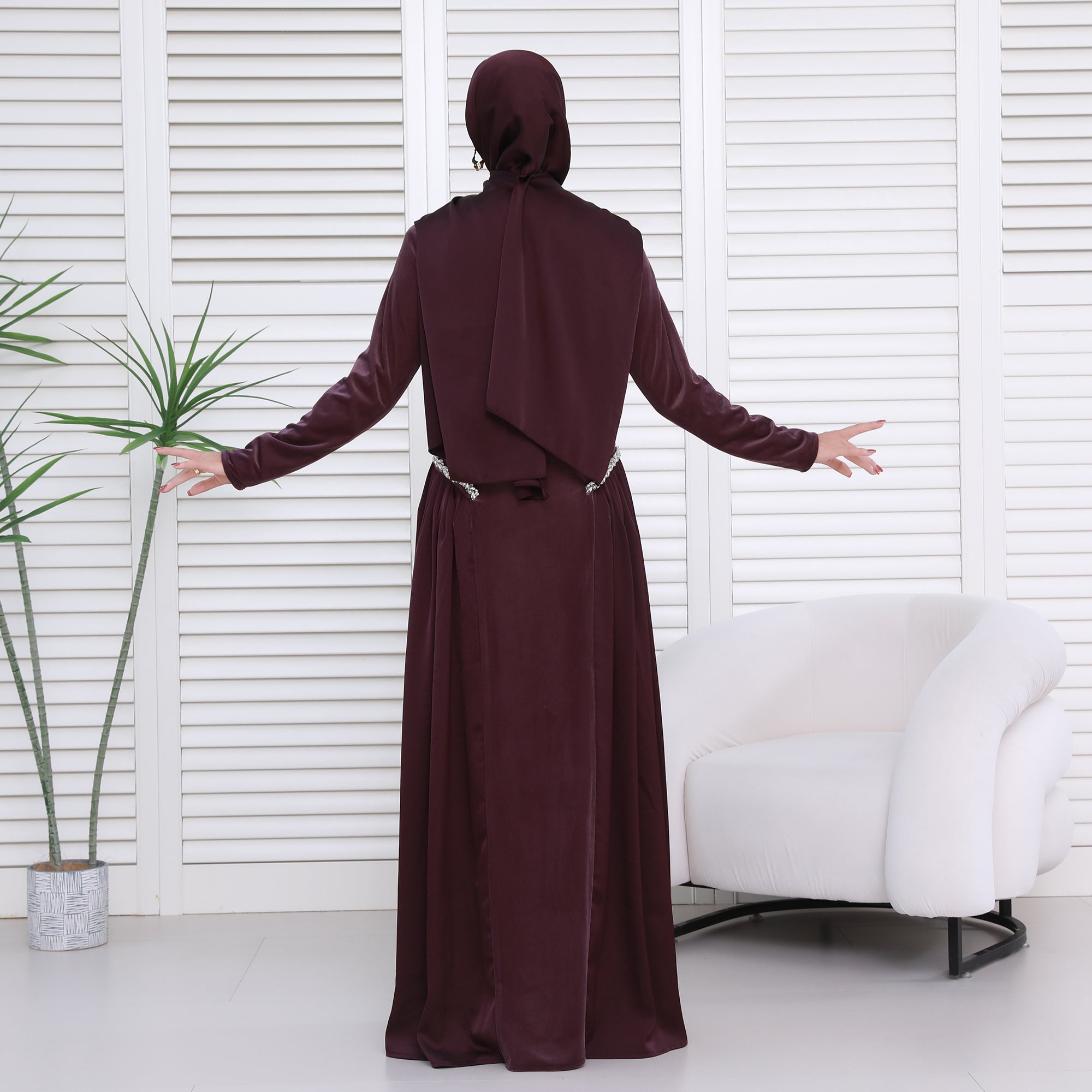 Navy Collar Velvet Satin Abaya Set with Hijab – Fall Modest Fashion (NCS016)