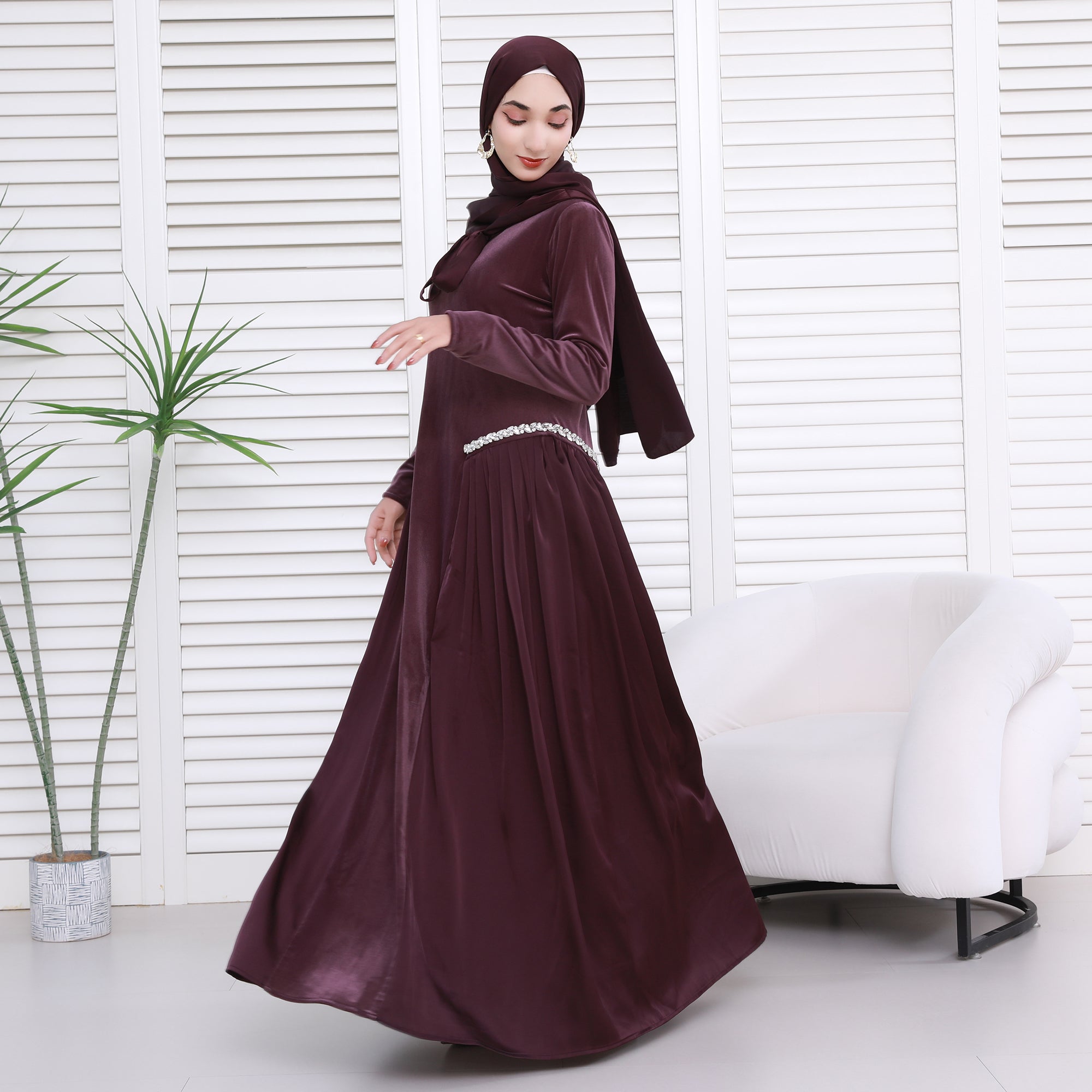 Navy Collar Velvet Satin Abaya Set with Hijab – Fall Modest Fashion (NCS016)