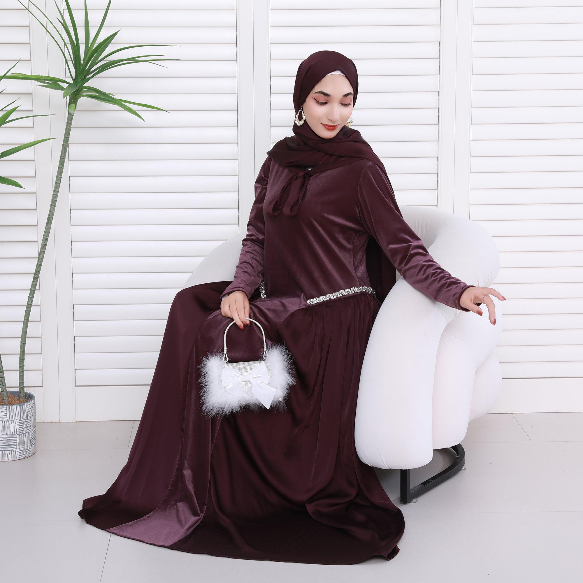 Navy Collar Velvet Satin Abaya Set with Hijab – Fall Modest Fashion (NCS016)