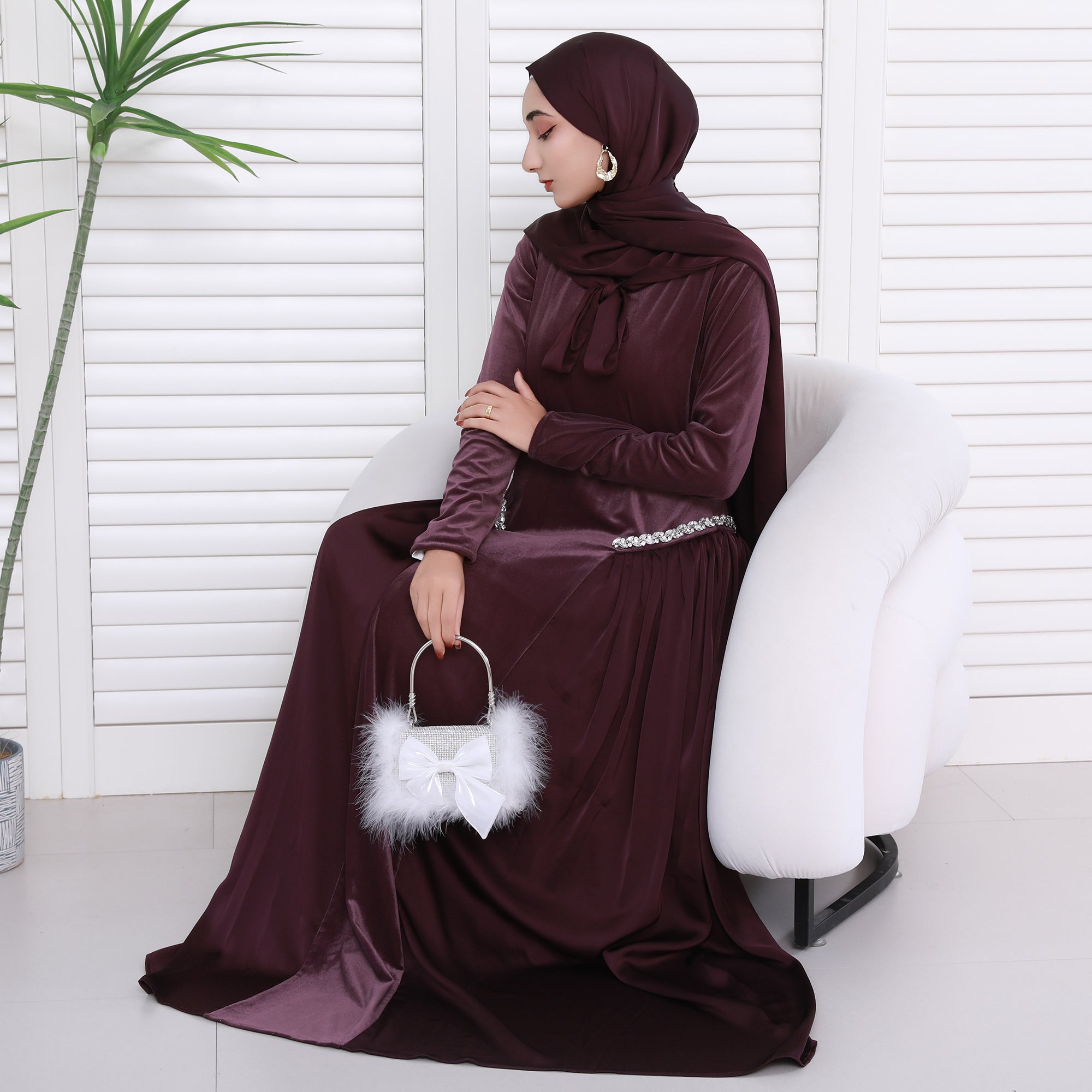 Navy Collar Velvet Satin Abaya Set with Hijab – Fall Modest Fashion (NCS016)