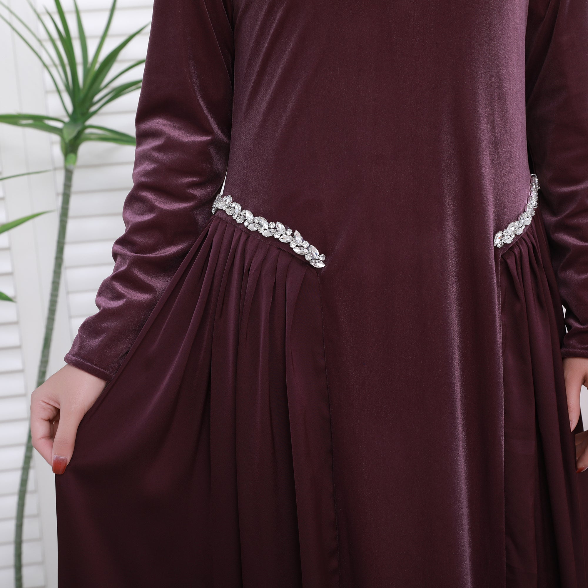 Navy Collar Velvet Satin Abaya Set with Hijab – Fall Modest Fashion (NCS016)