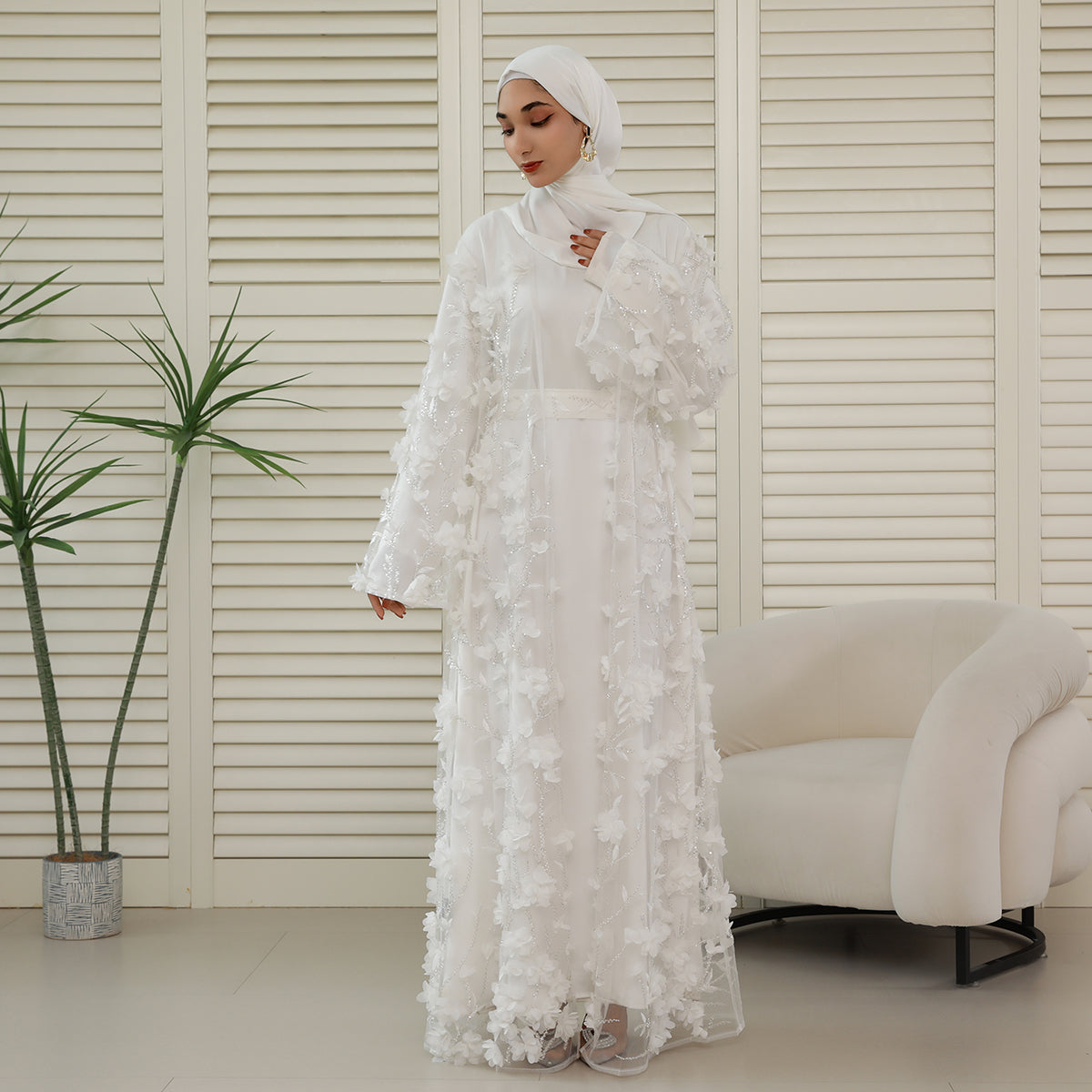 4-Piece 3D Floral Applique Abaya Set with Sheer Overlay – Elegant Occasionwear for Muslim Women-Preorder (NCS012)