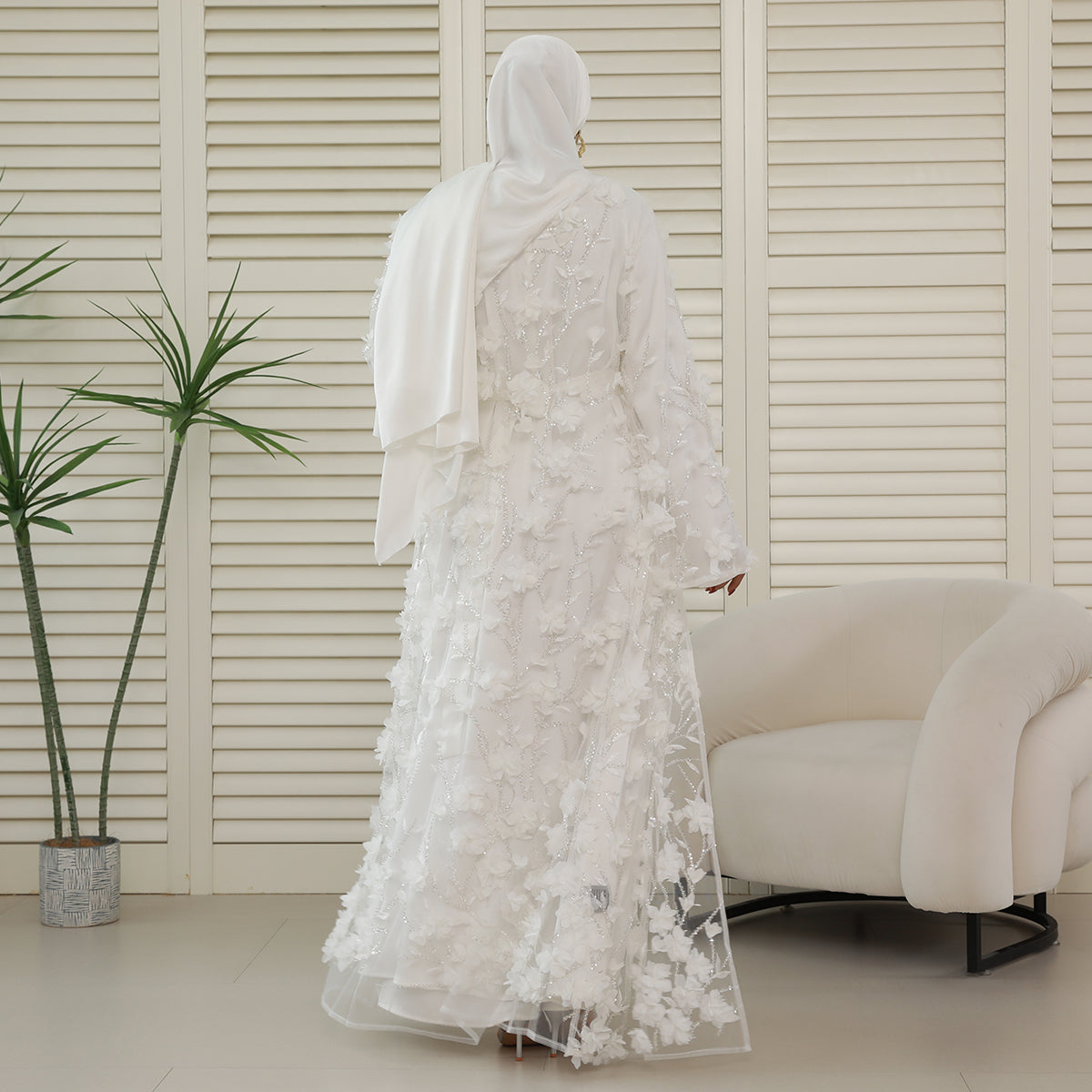 4-Piece 3D Floral Applique Abaya Set with Sheer Overlay – Elegant Occasionwear for Muslim Women-Preorder (NCS012)