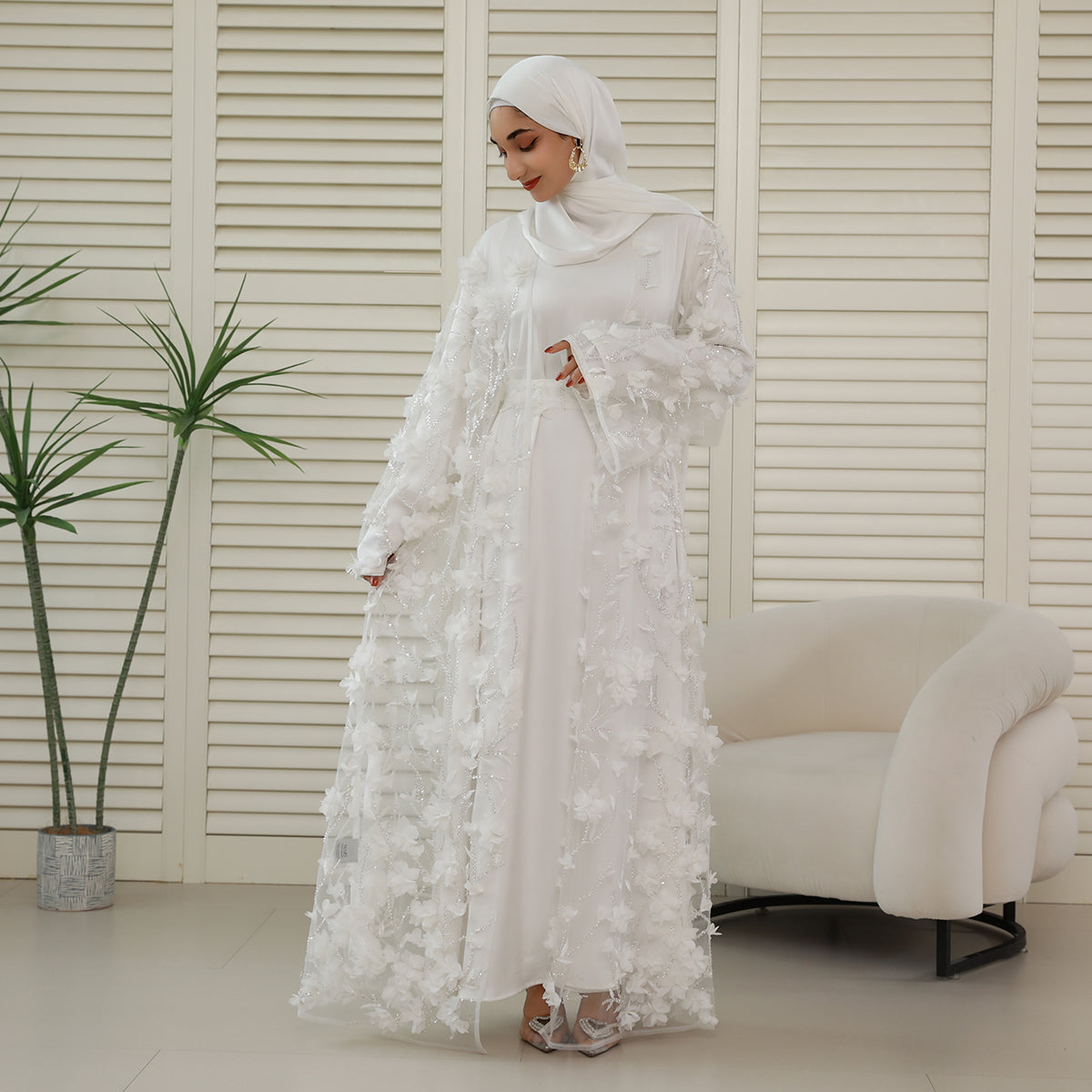 4-Piece 3D Floral Applique Abaya Set with Sheer Overlay – Elegant Occasionwear for Muslim Women-Preorder (NCS012)