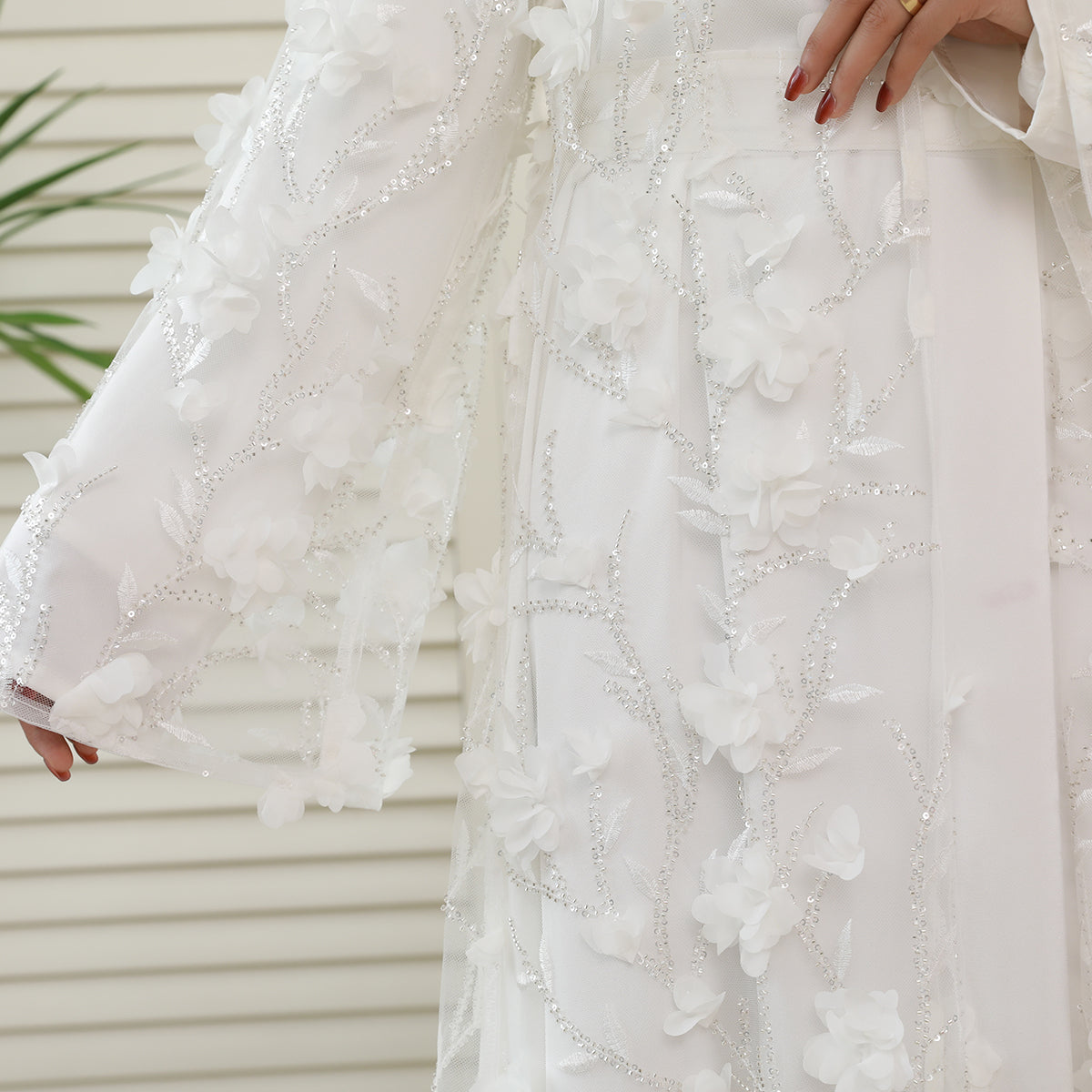 4-Piece 3D Floral Applique Abaya Set with Sheer Overlay – Elegant Occasionwear for Muslim Women-Preorder (NCS012)