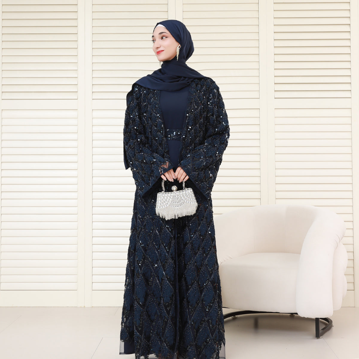 Luxury Bridal-Inspired 4-Piece Abaya Set with Pearl & Crystal Floral Embroidery (NCS017)
