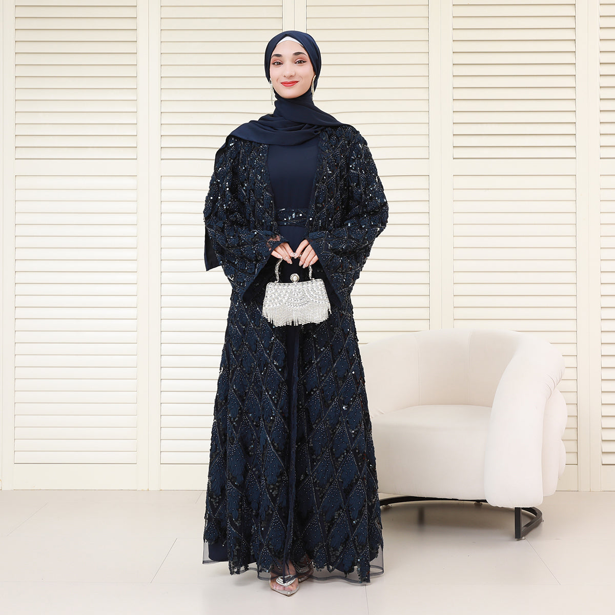 Luxury Bridal-Inspired 4-Piece Abaya Set with Pearl & Crystal Floral Embroidery (NCS017)