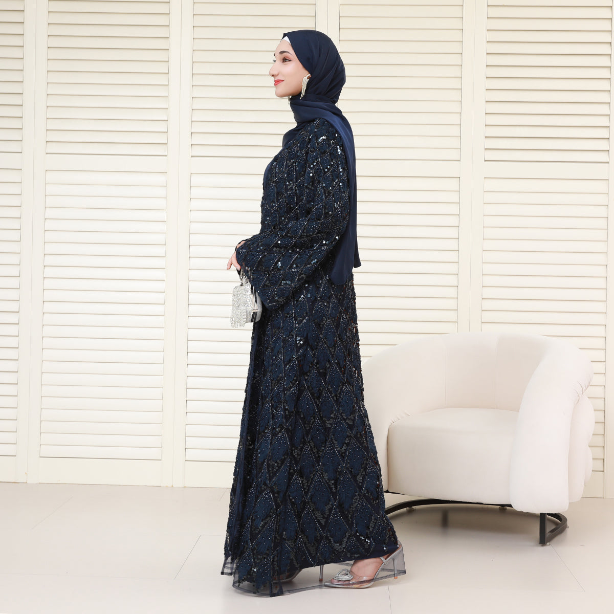 Luxury Bridal-Inspired 4-Piece Abaya Set with Pearl & Crystal Floral Embroidery (NCS017)