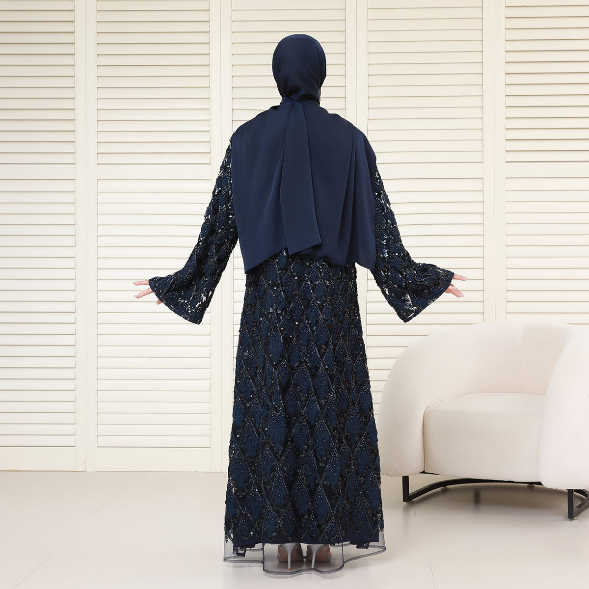 Luxury Bridal-Inspired 4-Piece Abaya Set with Pearl & Crystal Floral Embroidery (NCS017)