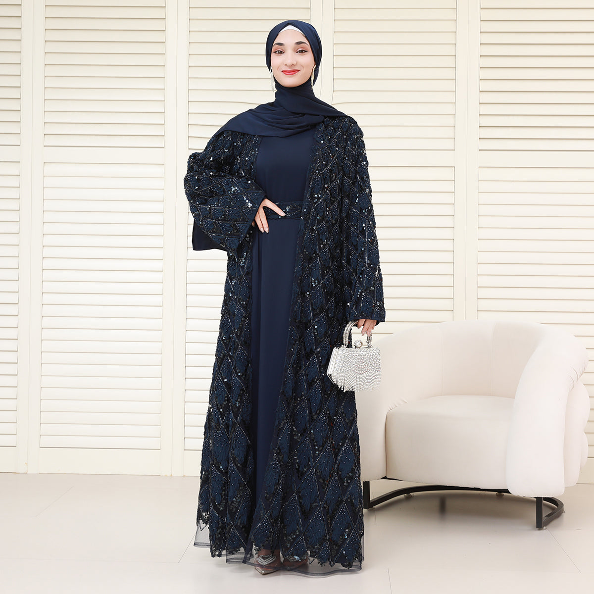 Luxury Bridal-Inspired 4-Piece Abaya Set with Pearl & Crystal Floral Embroidery (NCS017)